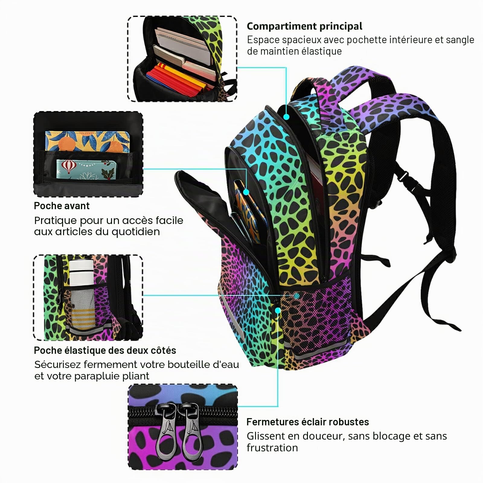 Sac à Dos Motif léopard Arc-en-Ciel pour étudiants, garçons, Filles, Sac d'école, Sac à Dos de Voyage