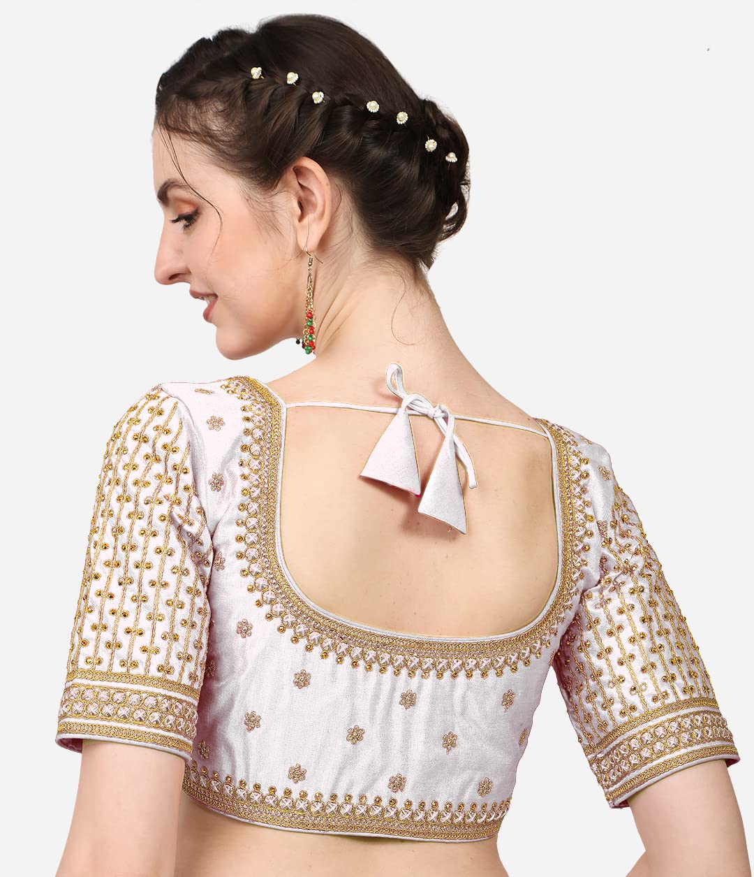 Pujia Mills Women's Cobra Silk Embroidery Coding Stone Work Half Sleeve Saree Blouse