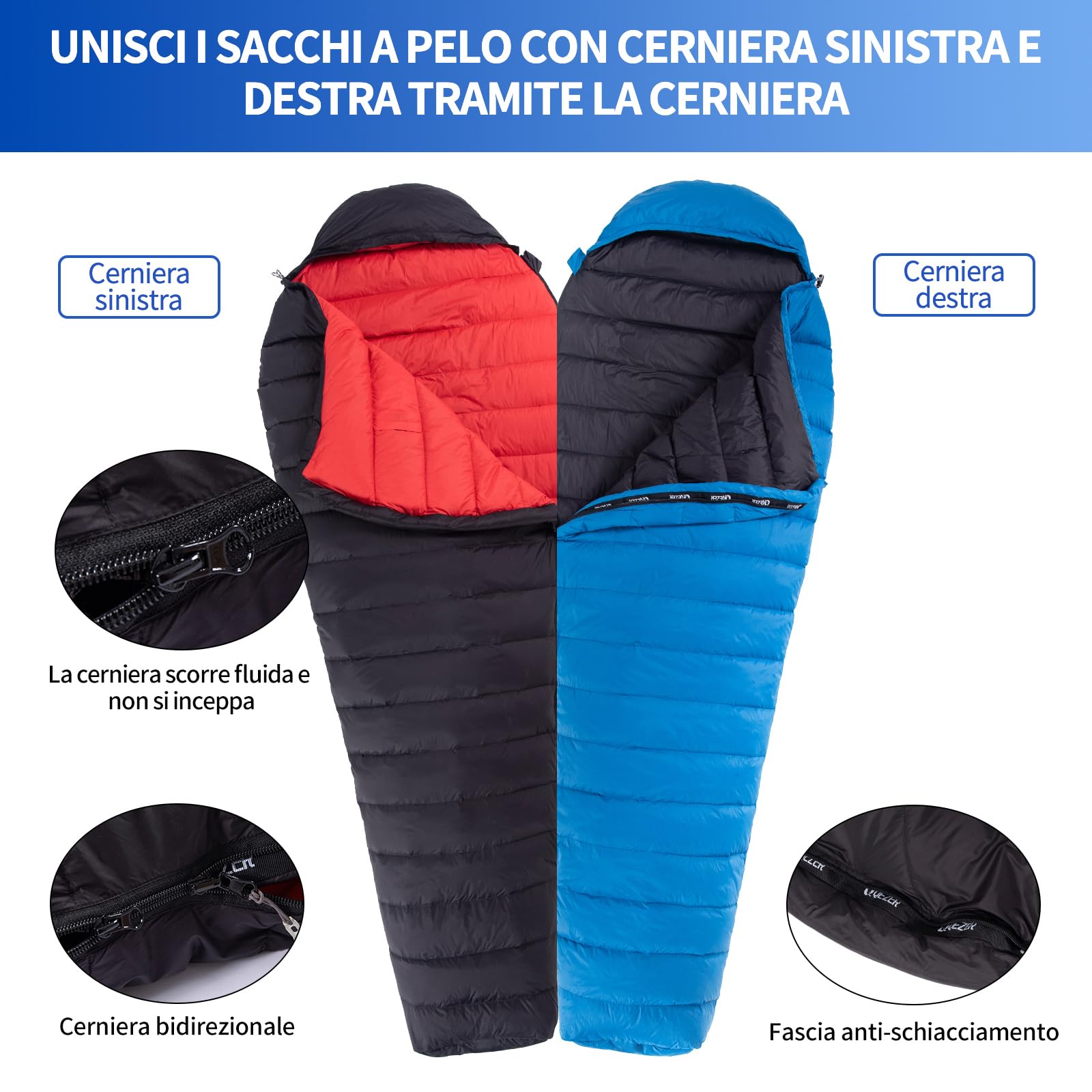 Sacco a Pelo Ultraleggero per Adulti, Sacco a Pelo da Zaino Imbottito 600+FP Piumino d'Anatra 2°C 16°C per il Campeggio e l'Escursionismo all'Aria Aperta