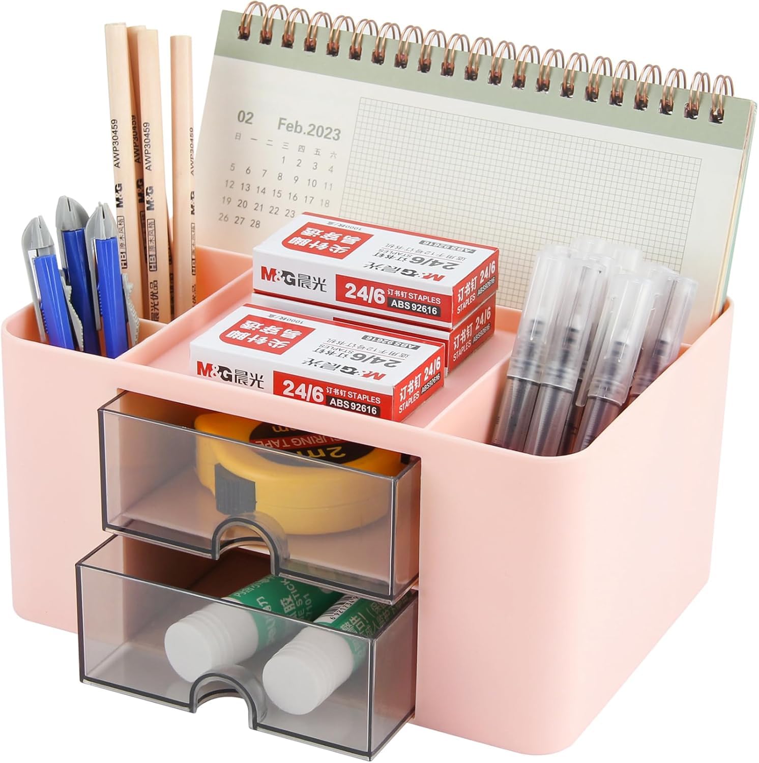 Shuttle Art Stylish Stackable Desk Organizer with 2 Drawers and 5 Compartments– Multi-Functional Desktop Storage Box with Pen Holder for Home, Office, School, Craft Supplies, and Art Stationery(Pink)