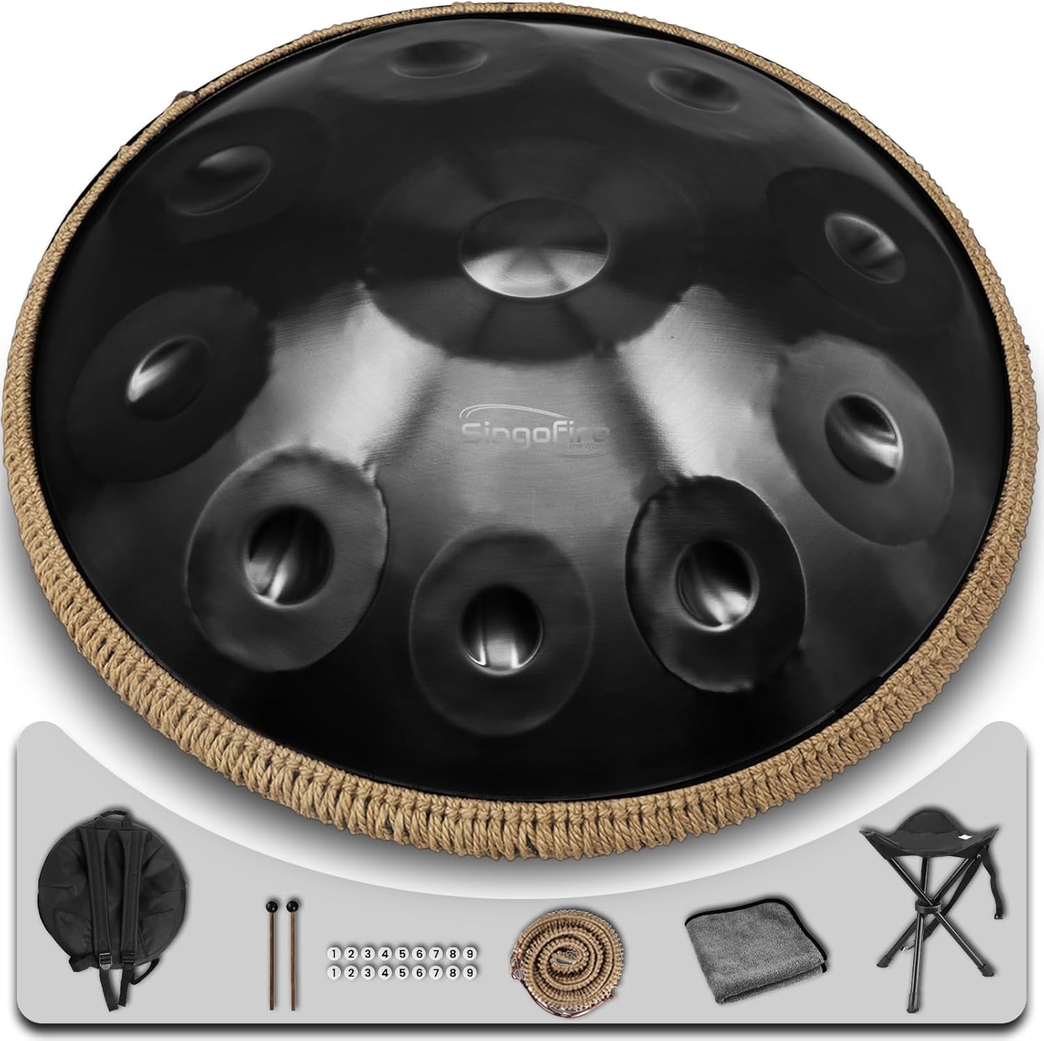 "SINGOFIRE" Premium Handpan Drum, Print Handpan Drums for Adults, 22-Inch 432Hz 10 Notes D Minor Kurd Handpan, Celestial Bloom Collection - Silver Luster