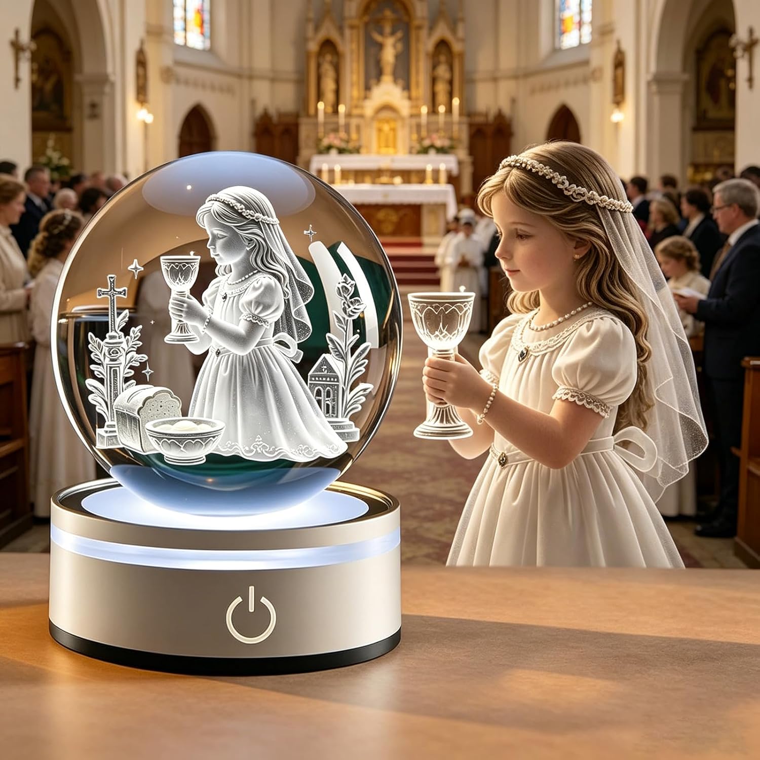3D Engraved Crystal First Holy Communion Night Light Gift for Girls, Religious Keepsake for Catholic and Christian Faith Baptism Gifts for Girls Women Unique, Christmas Birthday Gifts Table Decor