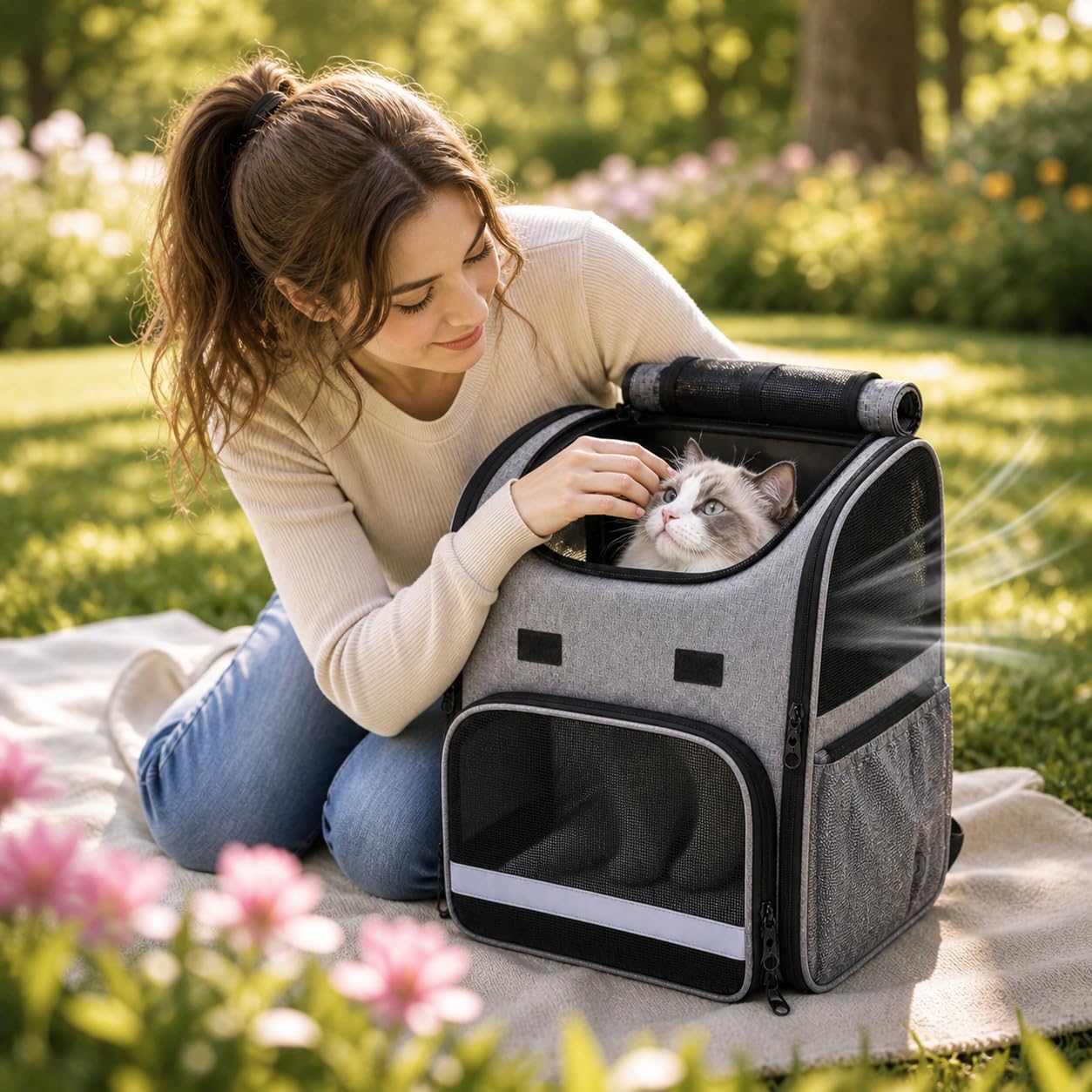 Katzenrucksack, Tragbare und Faltbare Katzentasche, Atmungsaktive und Leichte Hunderucksack, Multifunktionales Rutschfestes, Wasserdichtes Oxford-Tuch mit viel Platz, Grau 10kg