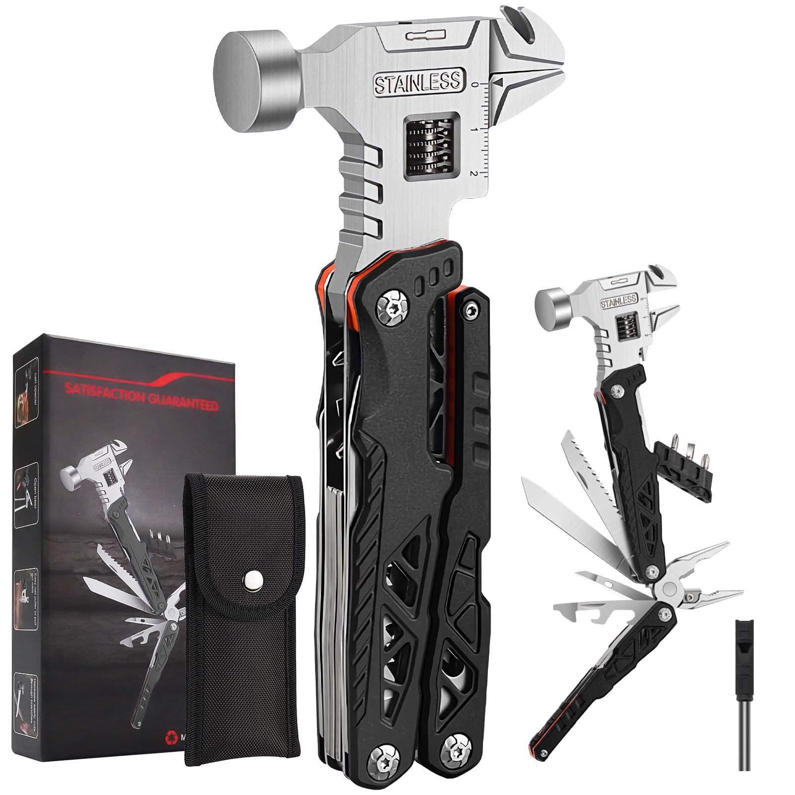 Olubfdh 18 in 1 Multi Tool faltbare Zange mit verbesserter Rollgabelschlüssel und Hämmern, mit Nylontasche, ideal für Outdoor, Wandern, DIY, Reparaturen, Geschenk für Papa Männ