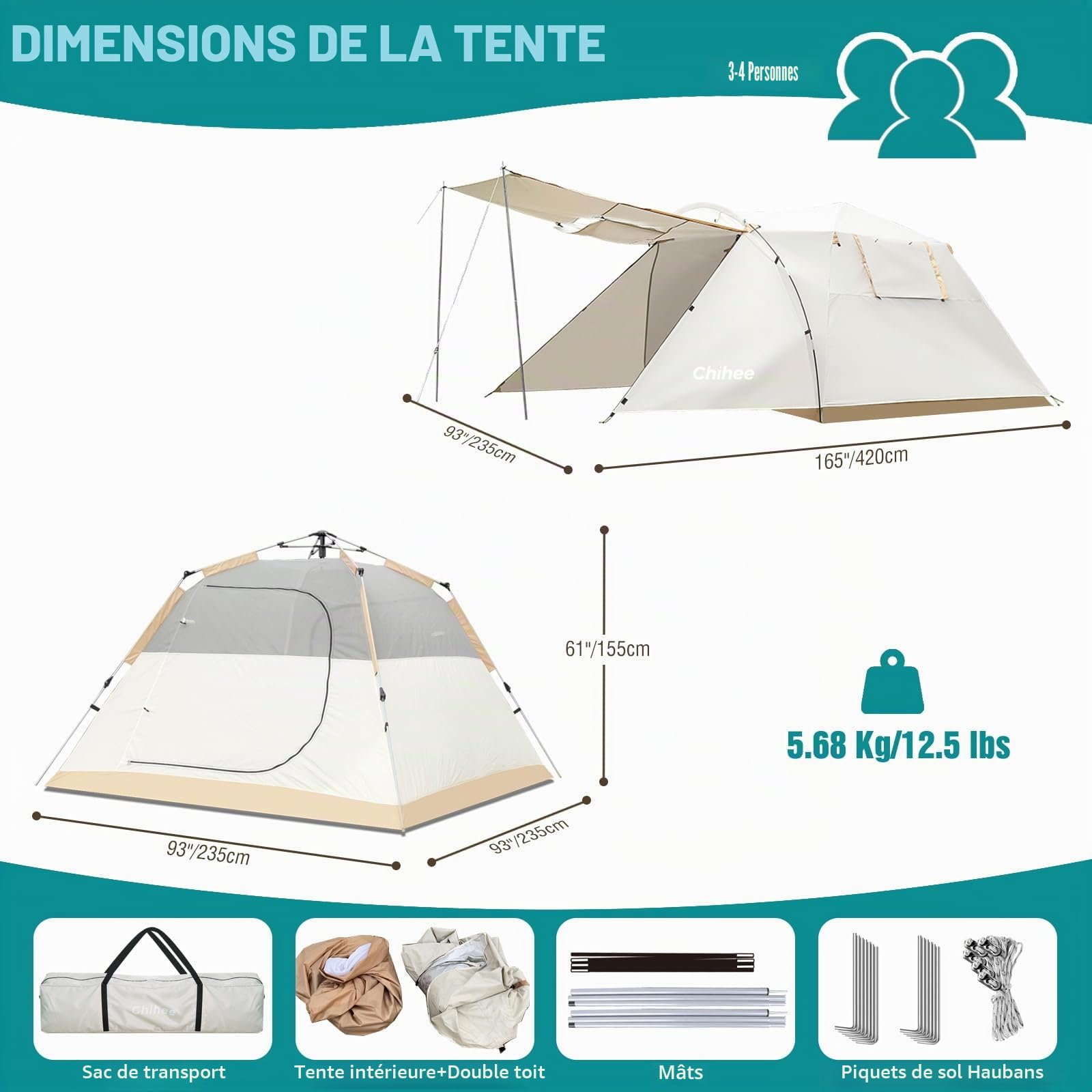 Chihee Tente de Camping Portable Pop-Up Familiale - Véranda Grillagée, Auvent de Salle, 2 Portes, À l'Épreuve des Intempéries, Très Grande, Montage Instantané, 4 Saisons