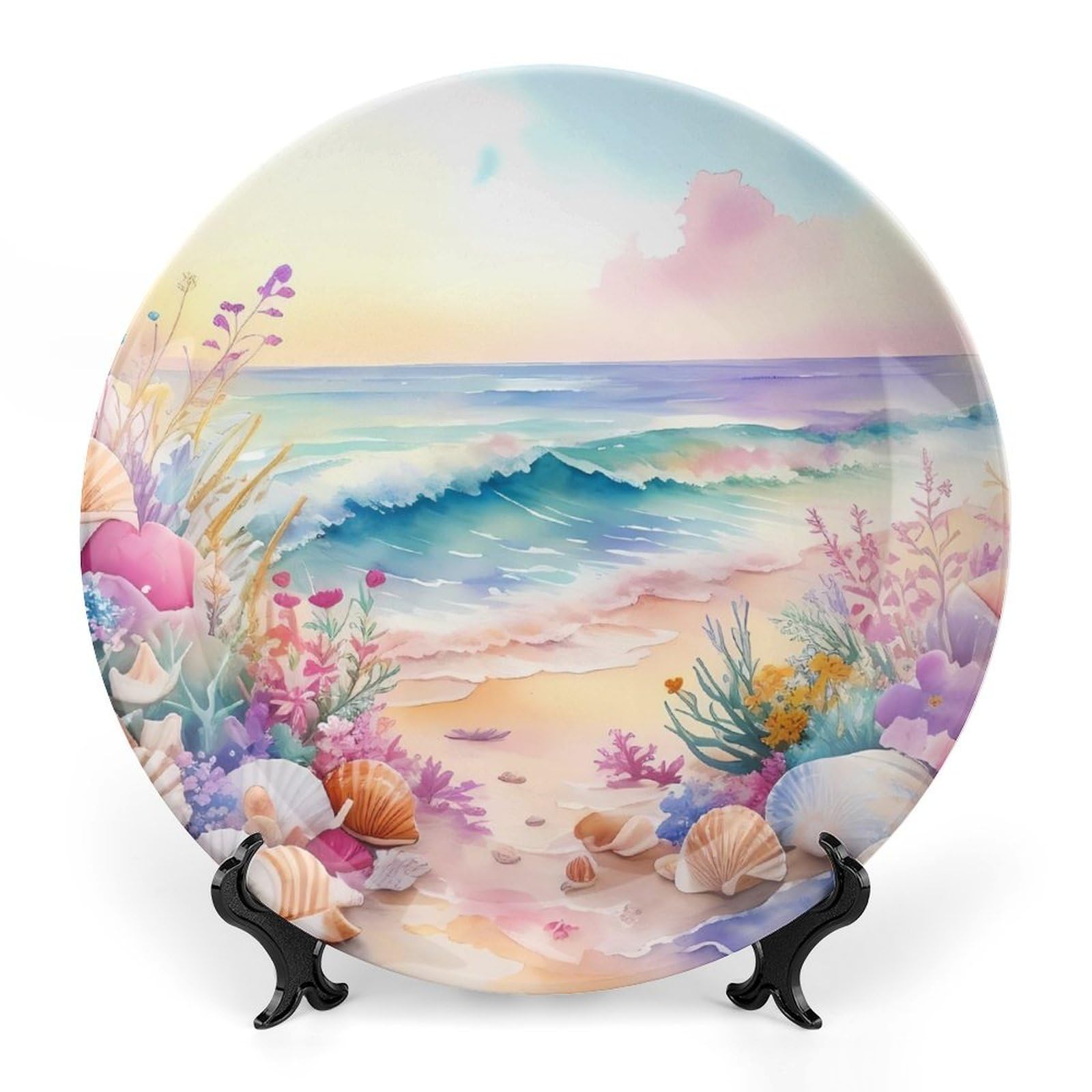 Summer Decorative Plates, Summer Sea Shell & Flower Painting Ceramic Plate Home Wobble-Plate with Display Stand, Wall Hanging Decor for Living Room Kitchen Household 8 Inch, Gifts for Mother's Day