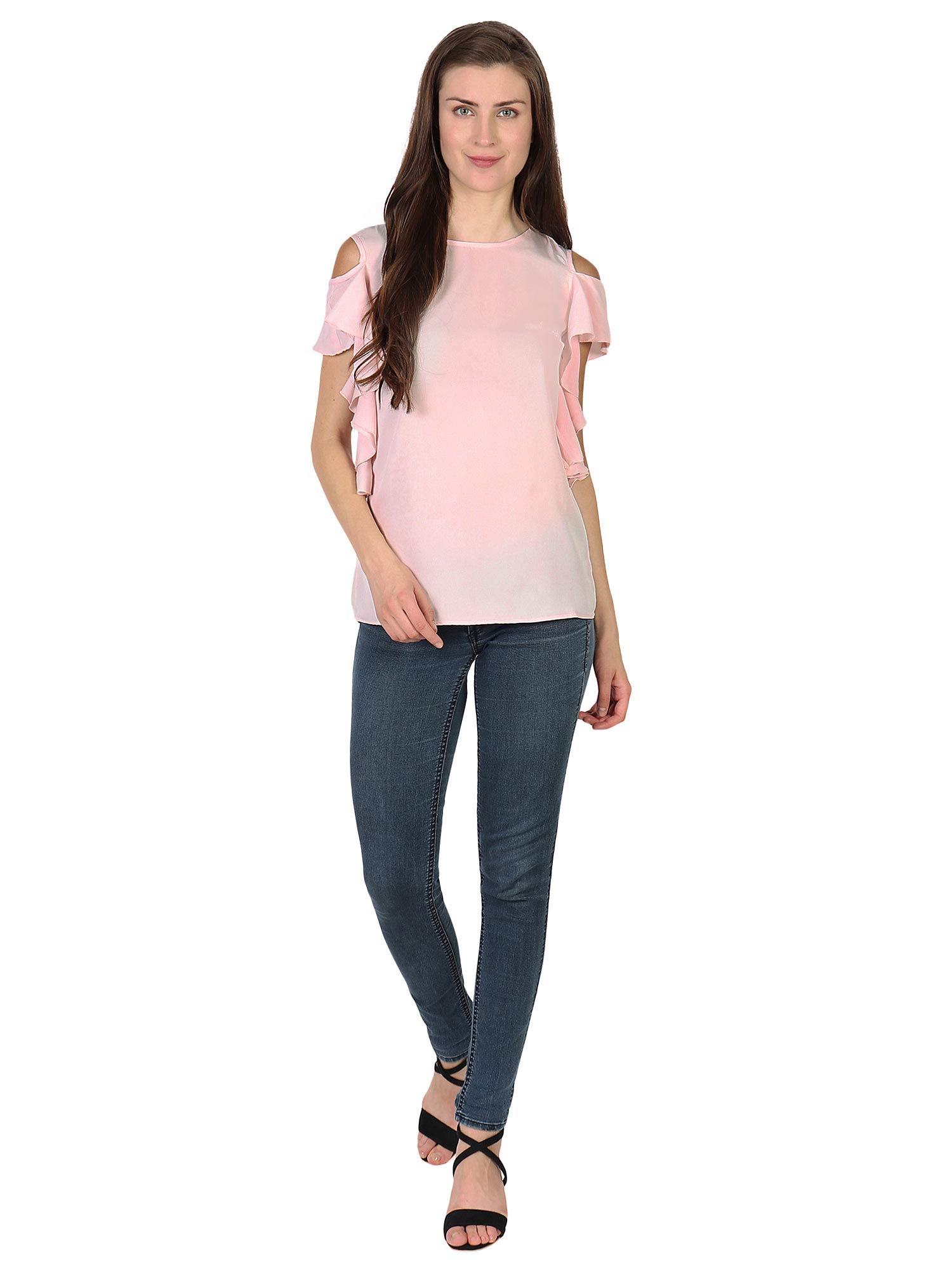 modalio Women's Butterfly Sleeve Regular Fit Round Neck Ruffled Top-picture-49