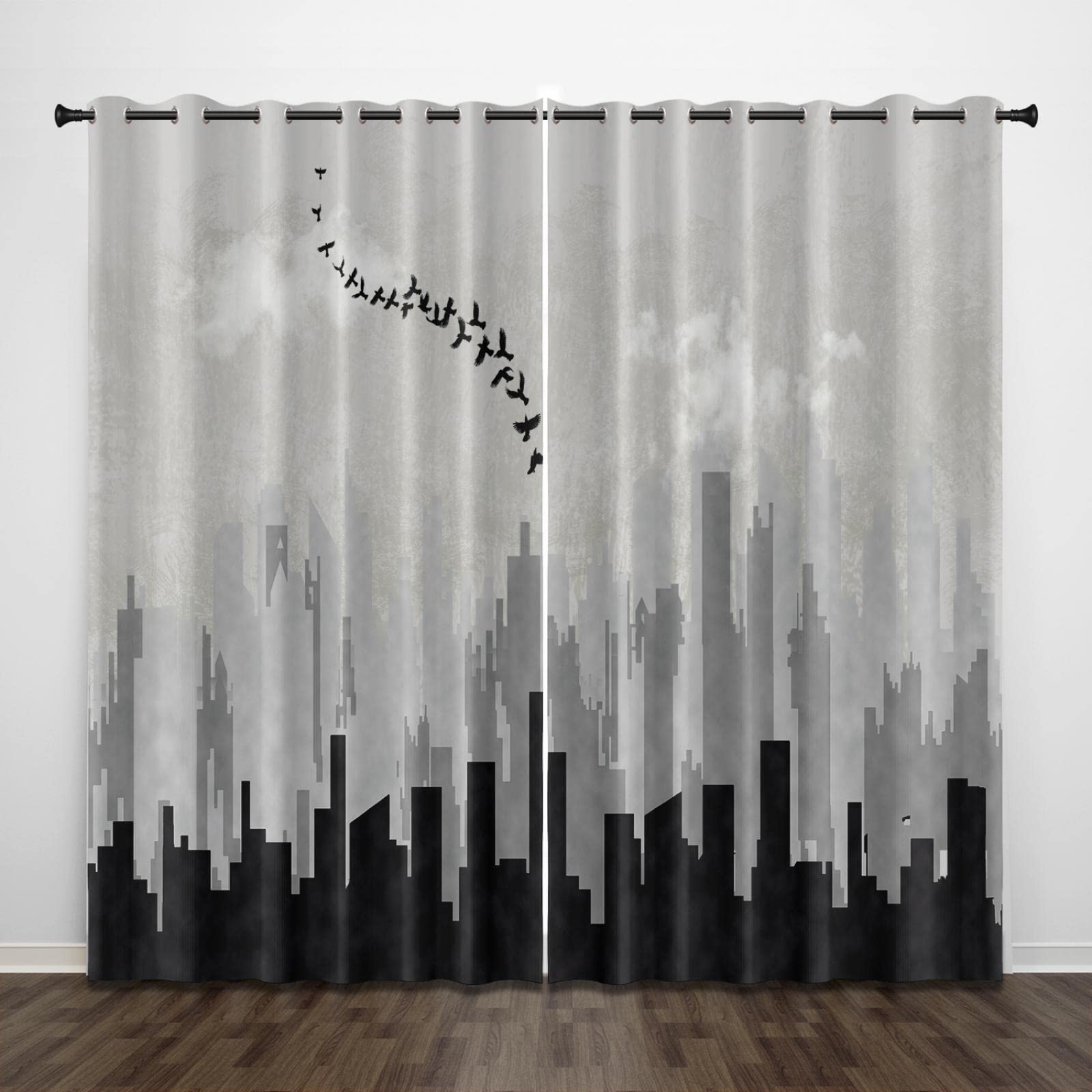 Exquisite Eyelet Blackout grey city silhouette art 118x106 Inch Thermal Insulated Curtains 2 Panels for Living Room/Bedroom/Nursery
