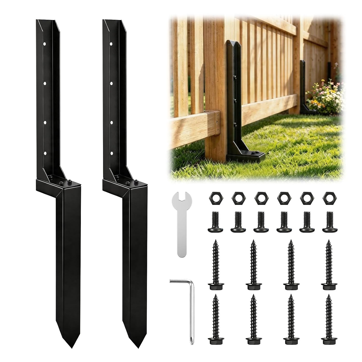 Fence Post Repair Kit, 2 Pcs Heavy Duty Steel Post Anchor for Leaning or Broken 4x4 & 6x6 Posts, Fence Post Stabilizer with Screws & Installation Tool, Black (32 inch)