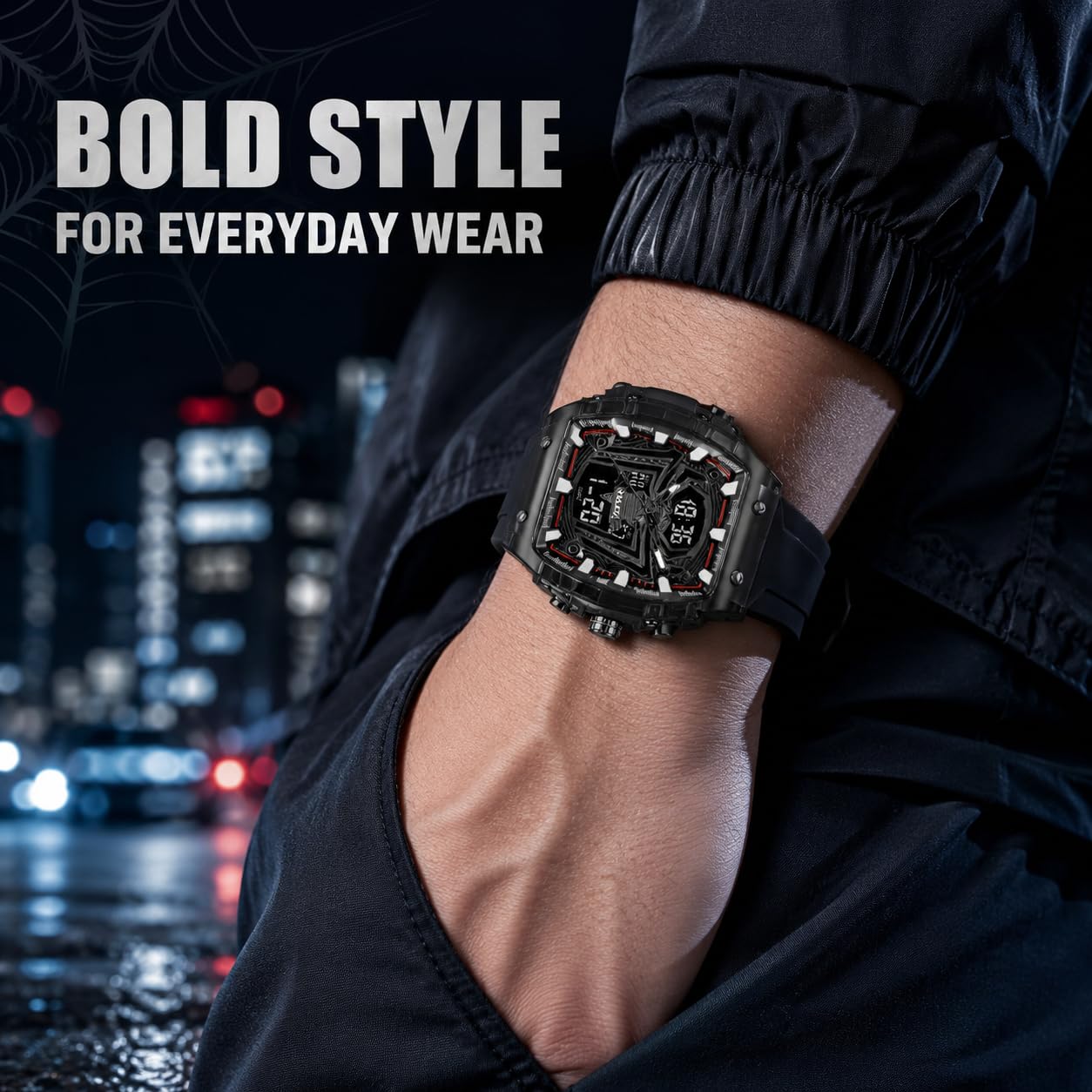 MASTOP Reloj de cuarzo de lujo Spider Man, esfera grande, digital, analógico, doble visualización de hora, cronómetro, diseño punk, correa de silicona, reloj de pulsera para hombre