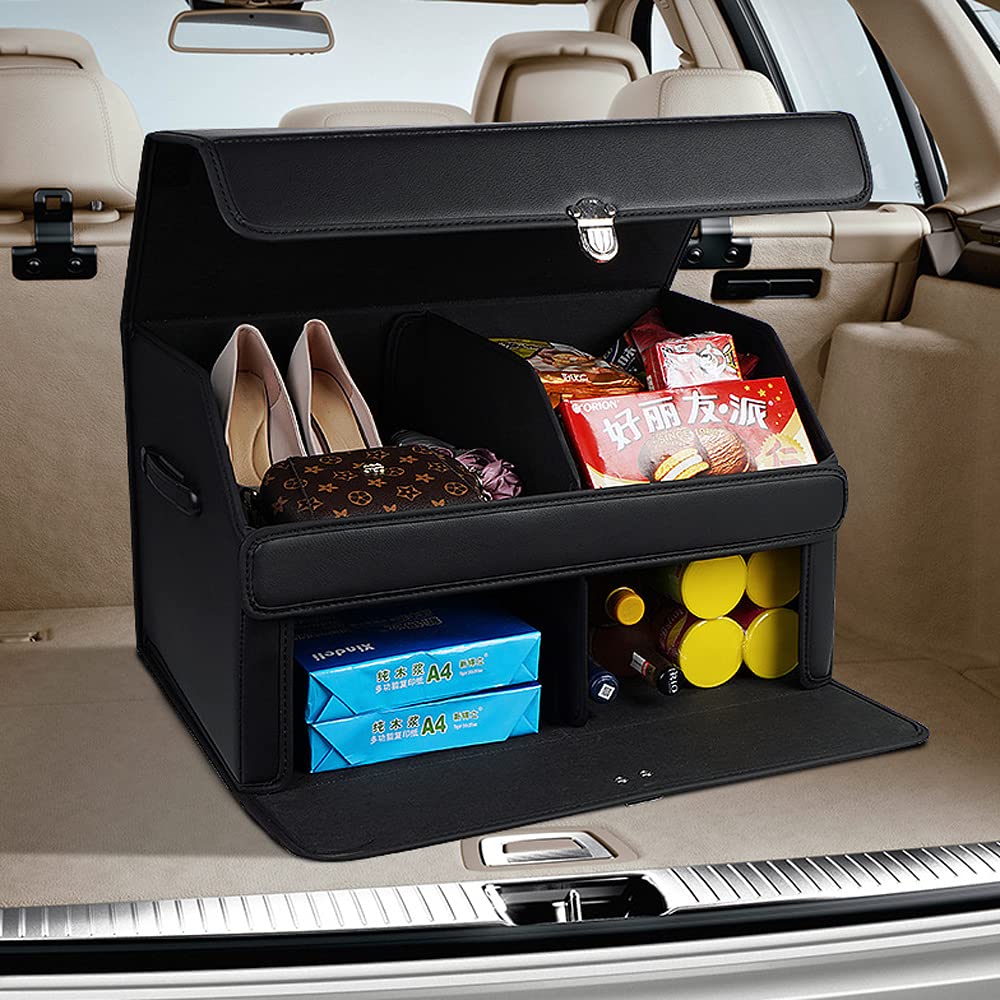 Generico Organizzatore per Bagagliaio Auto - Moderno, Nero, a 2 Livelli, in Similpelle PU Impermeabile, Pieghevole, Antiscivolo, Contenitore per Bagagliaio Auto (Nero a Quadri Rossi 60 * 36 * 34 cm)
