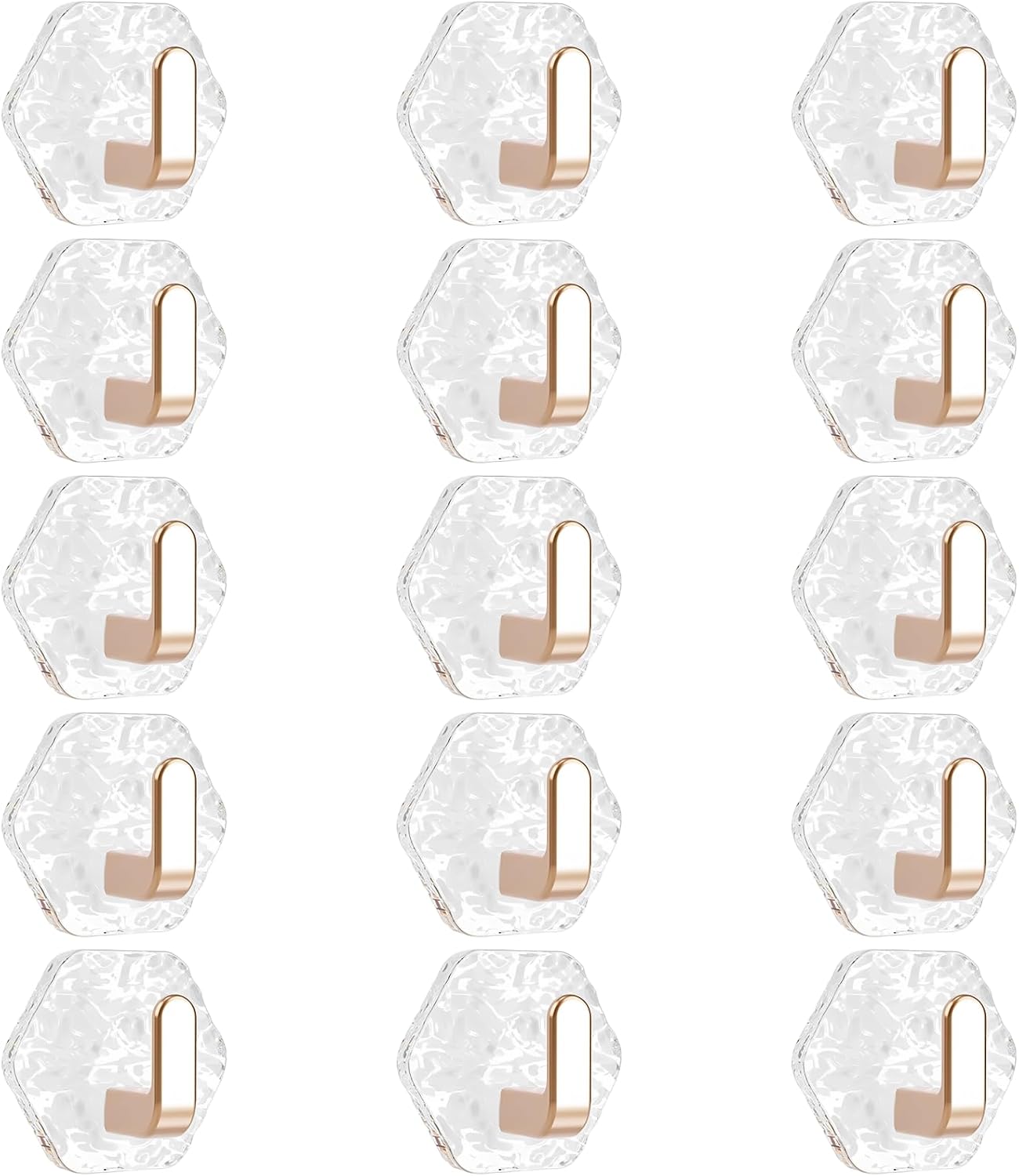 15 Pcs Self Adhesive Hooks, Rose Gold Water Ripple Hexagonal Wall Hangers, No Drill Wall Hooks, Transparent Hangers for Bathroom Kitchen Entryway Towel Key Jewelry Organization