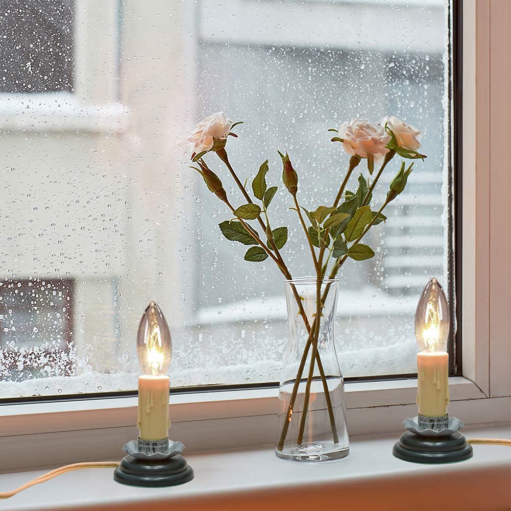 GOOTHY Elektryczne lampy wiejskie 7 cm, podłącz bożonarodzeniową elektryczną świecę do okna z czarną podstawą z żelaza śliwkowego, żarówka 7 W C26, świeczniki 7 cm z włącznikiem/wyłącznikiem, kość