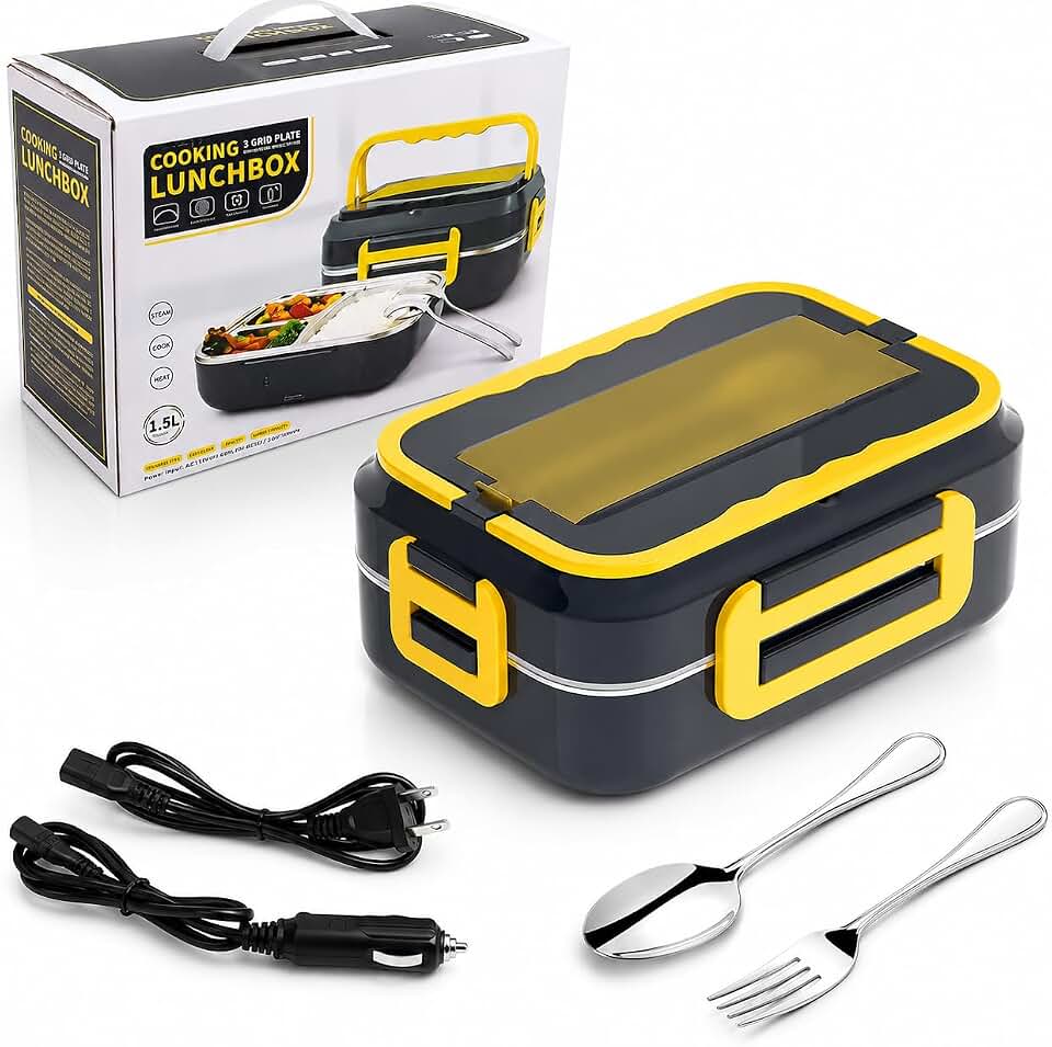 Marmita Elétrica Inox 3 Divisórias Premium Bivolt 110V/220V + Adaptador Veicular 12v Lancheira Térmica 1,5L Aquecedor de Comida com Kit de Talheres Inox
