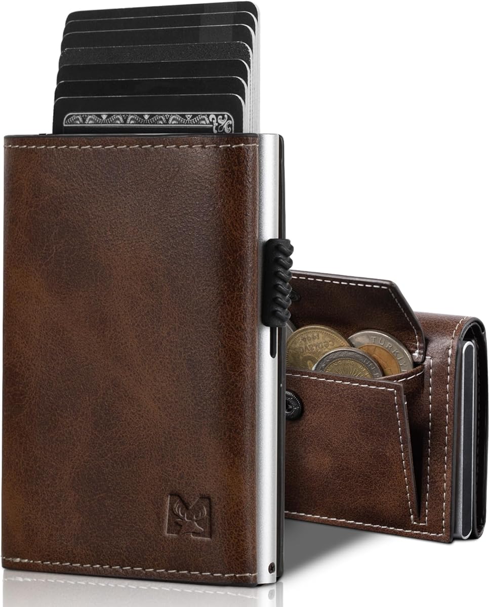 Cartera Pop Up para Hombre con Monedero, Cartera Trifold con Ventana para ID, Tarjetero Inteligente con Bloqueo RFID y 6 Ranuras para hasta 11 Tarjetas (Marrón)
