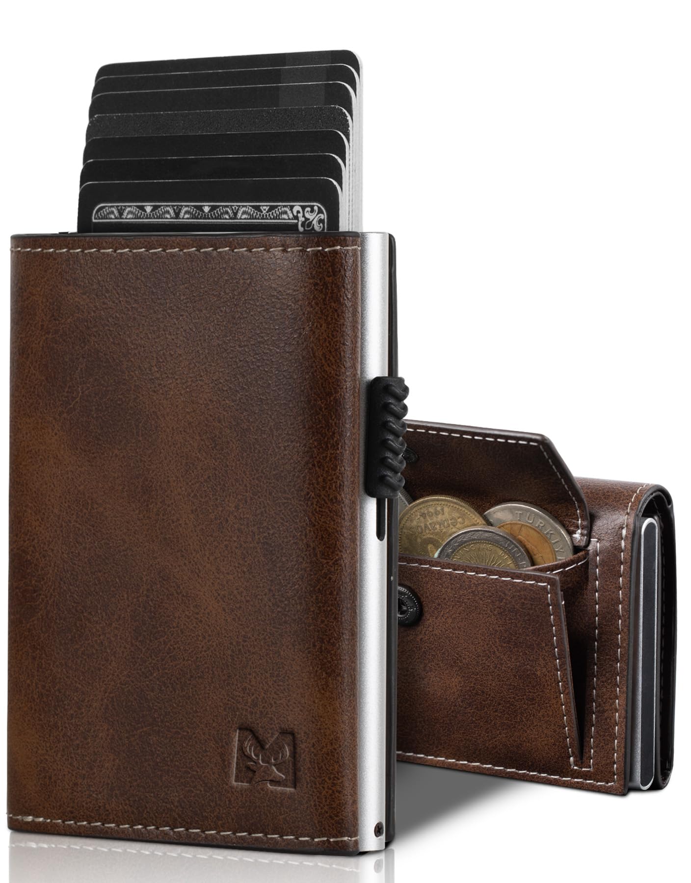 Geldbörse Herren mit Münzfach & RFID-Schutz, Smart Wallet mit Sichtfenster, Portmonee Geldbeutel Herren, Portemonnaie Herren mit 6 Kartenfächern für bis zu 11 Karten (Braun)