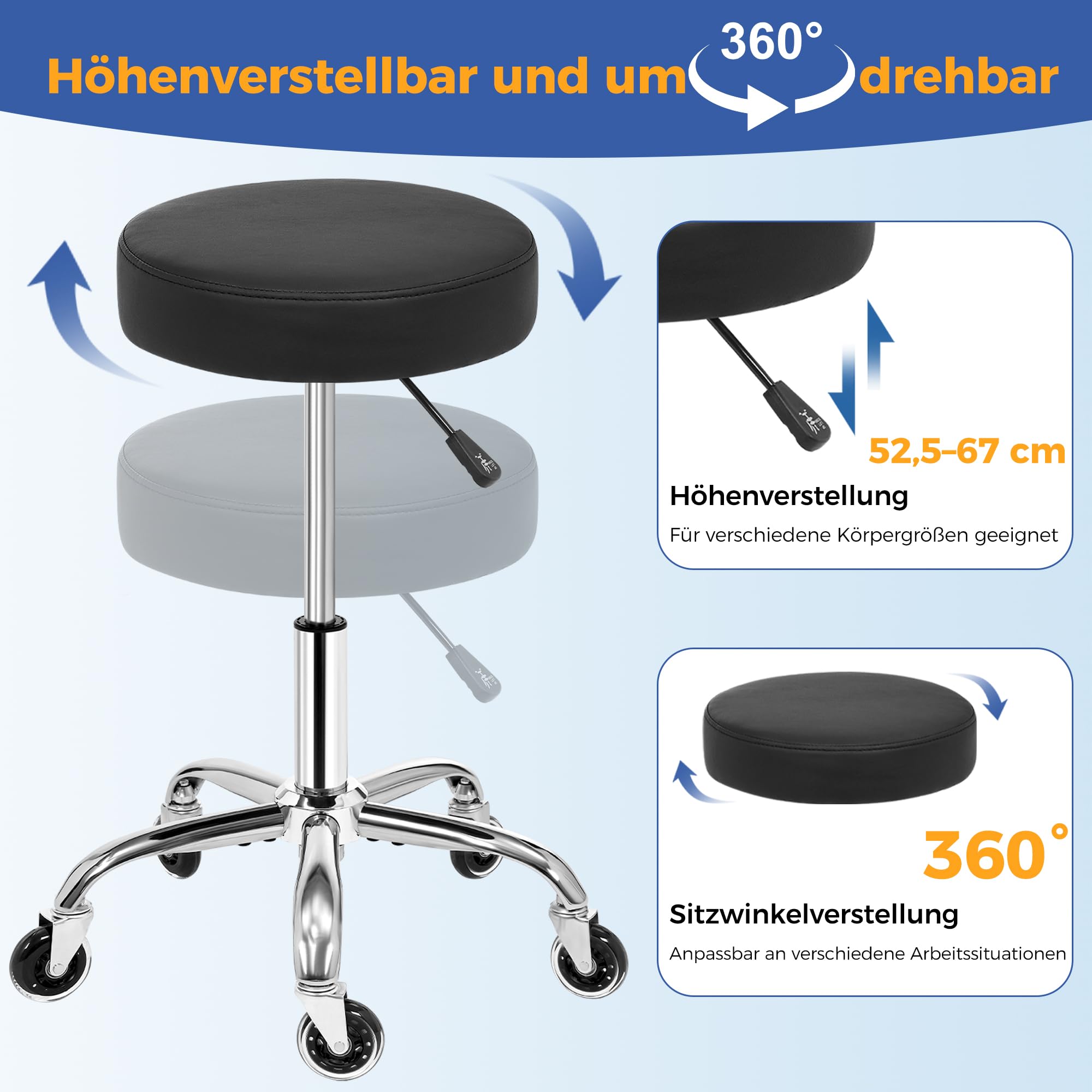 ANWBROAD Rollhocker höhenverstellbar mit Rollen 360° Drehhocker Hocker, Arbeitshocker bis 205 kg belastbar PU-Sitzpolsterung für Salon Spa, Haushalt und Kliniken Schwarz WSC001B