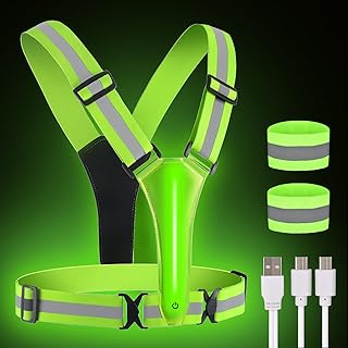 LED Reflective Safety Vest, USB Rechargeable and Adjustable Reflective Running Vest, 360 ° High Visibility LED Warning Vest Suitable for Night Running, Cycling, Walking, with 2 Reflective Cuffs