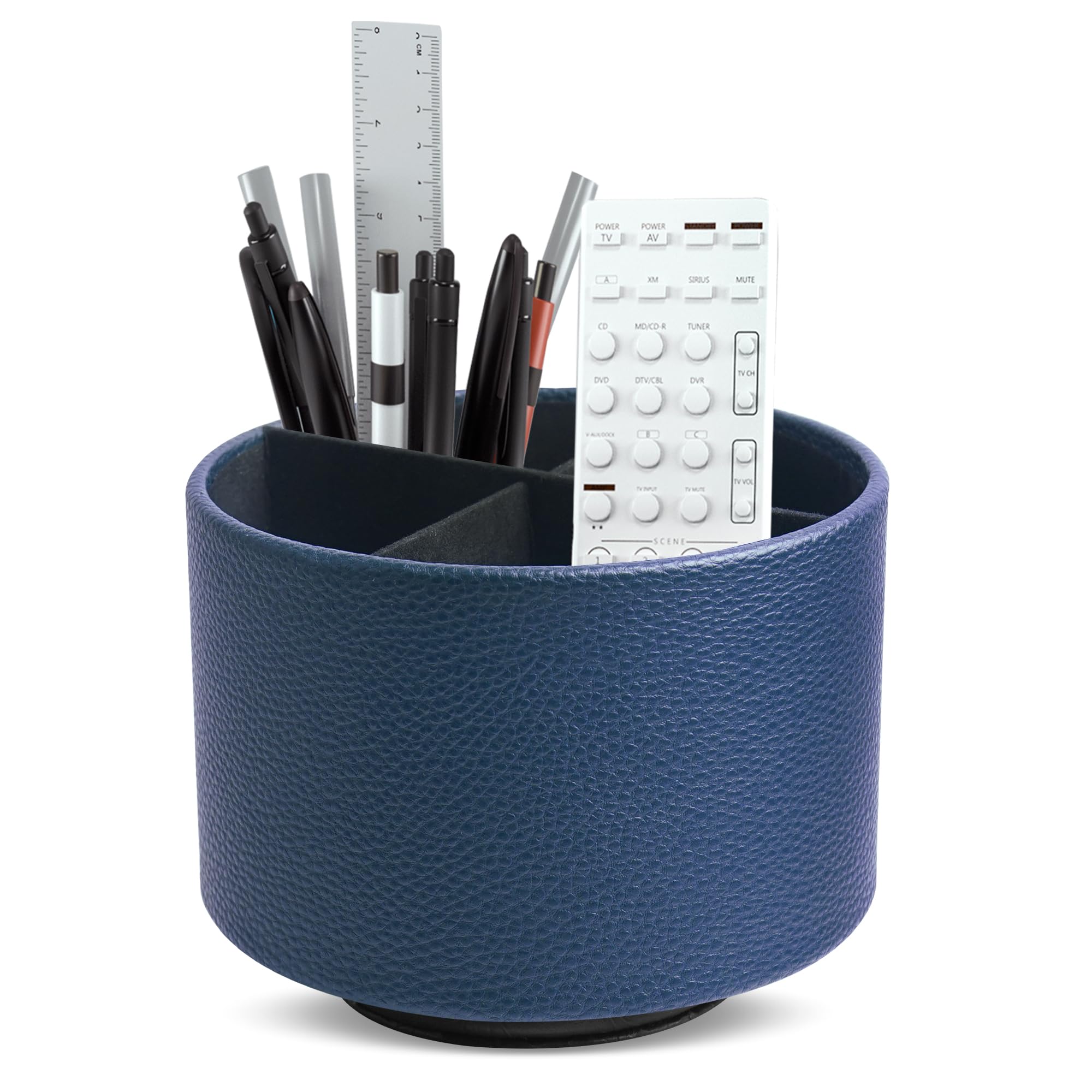 Mtzmy Round Leather Art Supply Organizer,Remote Control Holder,360 Degree Spinning,Multi-Functional Pencil Holder,4 Compartments Desktop Stationary Organizer(1-Lichee Blue)