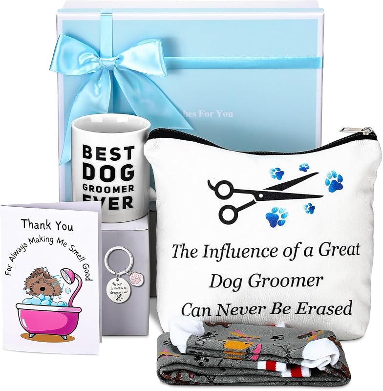 Chicingyou 1 Set Dog Groomer Gift Box Set Pet Groomer Appreciation Gift Includes Makeup Bag Keychain Furologist Socks Glass Thank You Card Presents for Dog Groomers