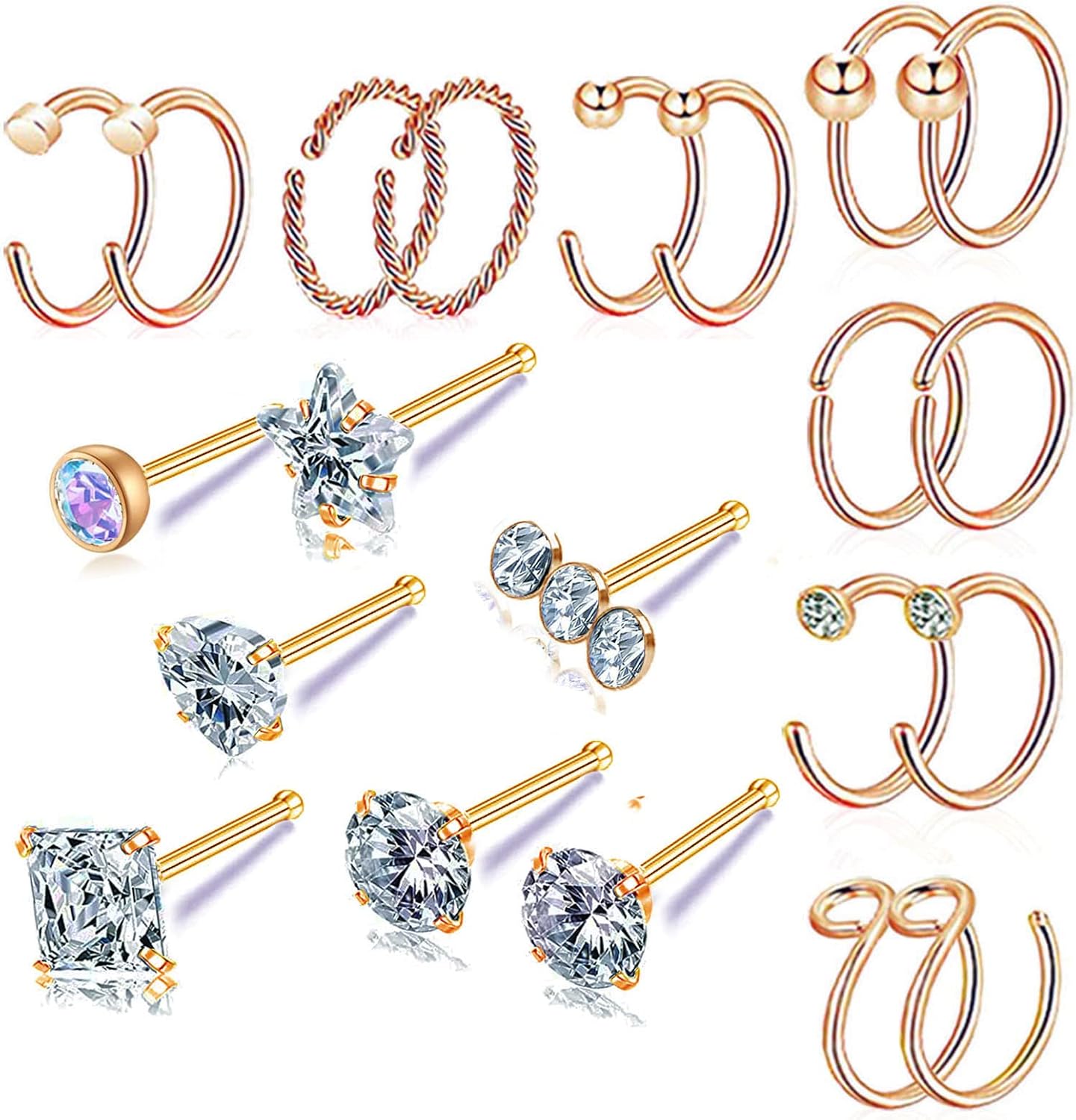 Hypoallergenic 20G L-Shaped Nose Rings - Surgical Steel Hoops & Studs - Gold, Silver, Black Colored