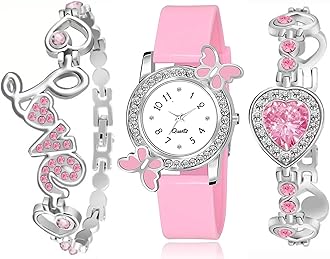 Premium White Dial Diamond Pink Analog Watch Love Heart Diamond Bracelet for Girls Best Design Butterfly Combo 3 Pack of 3