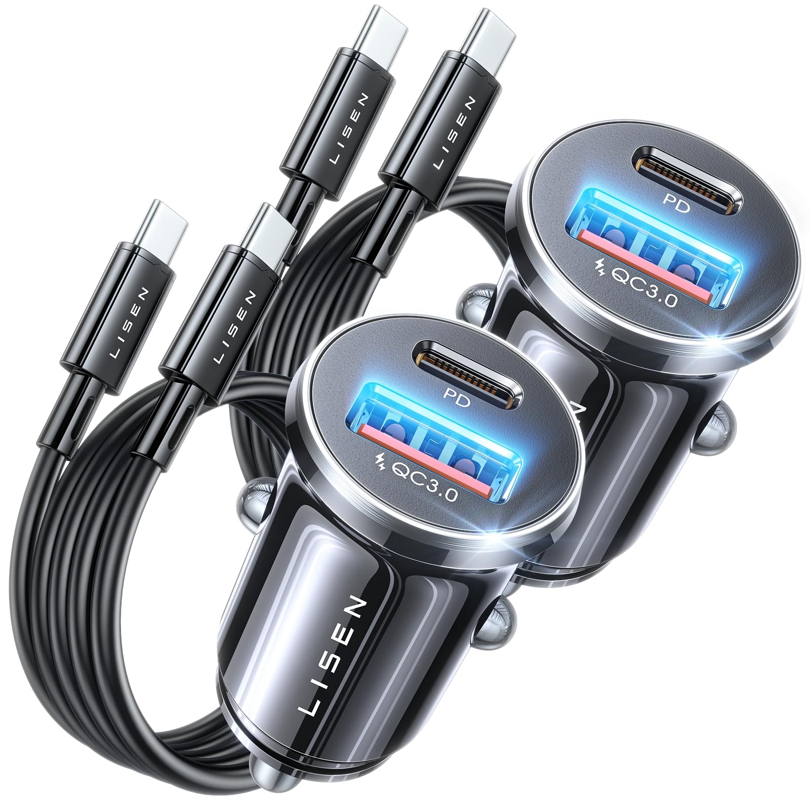 LISEN Super Fast iPhone 16 Car Charger USB C [99% Alloy + Turbo Cables],2 Pack 54W iPhone 15 Type C Car Charger Fast Charging Cigarette Lighter Adapter for iPhone 16e Pro Max Plus/15,Samsung S25 Ultra