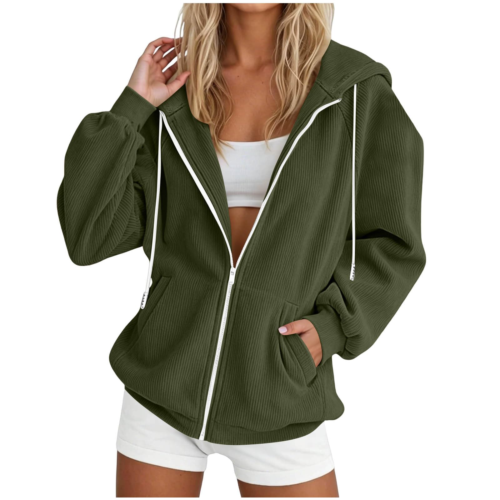 Generisch Hoodie Damen Reißverschluss Corduroy Pullover Sweatjacke Herbst Winter Kapuzenjacke Zipper Übergangsjacke Mit Kapuze Outdoor Einfarbig Kapuzenpullover mit Taschen Freizeitjacke