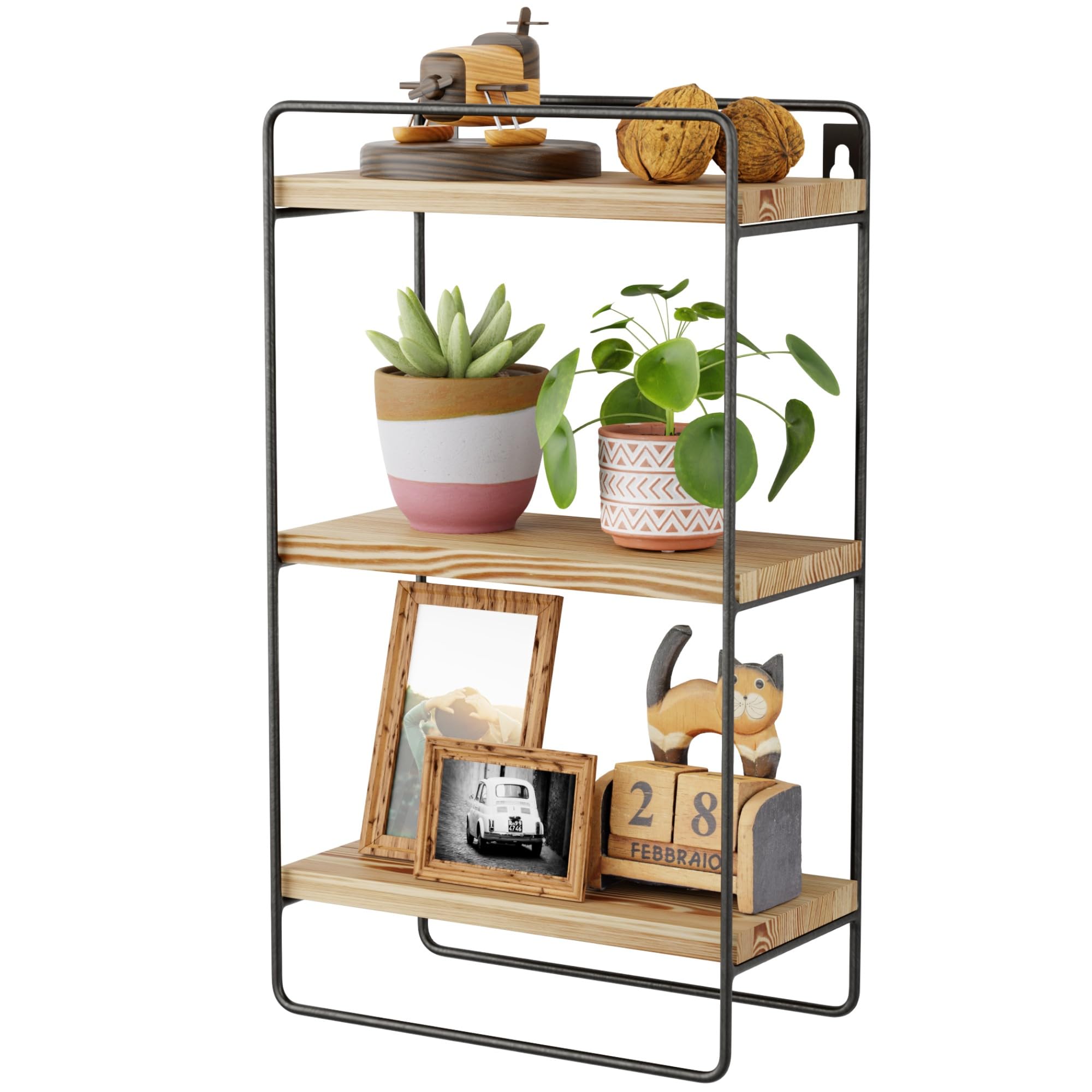 Sumbame 3 Tier Square Wall Shelf with Black Metal Frame Decorative Floating Shelf Wall Mounted Geometric Metal&Wood Hanging Shelf Rustic Rectangle Iron Shelf Display for Bathroom,Home,Carbonized Black