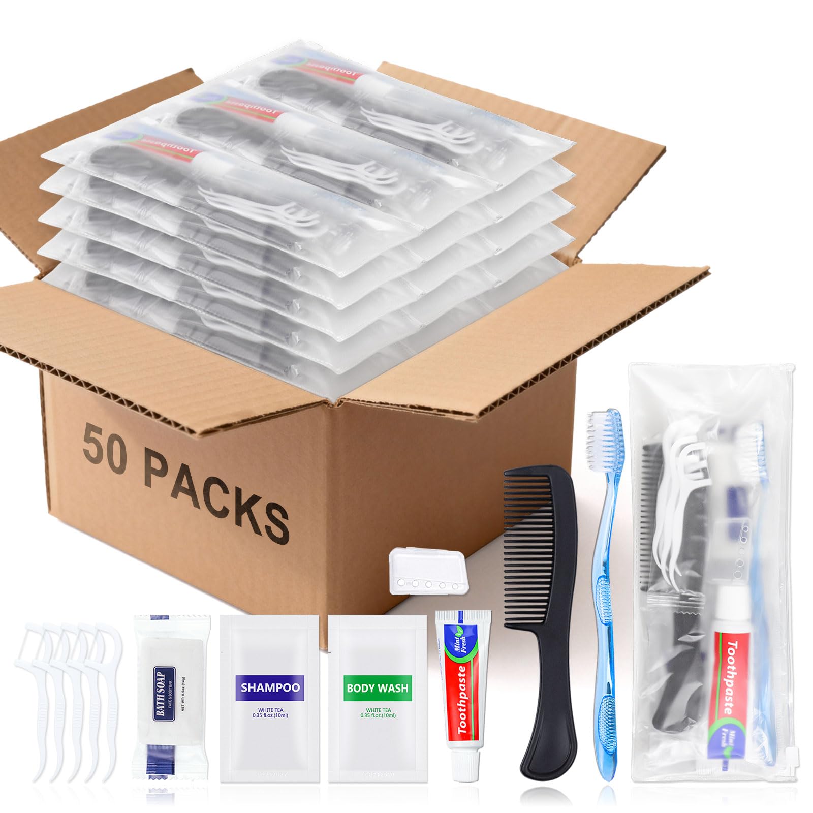 Lot de 50 kits d'hygiène en vrac pour sans-abri, trousse de toilette de base, fournitures de toilette jetables en vrac, brosses à dents jetables avec dentifrice et peigne emballés