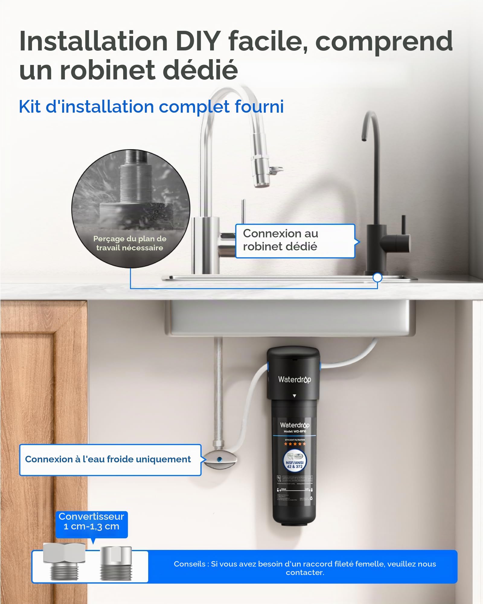Waterdrop 10UB Système de Filtre à Eau Sous Évier avec Robinet Dédié, 11000 Gallons de Filtration d'Eau de Grande Capacité, Certifié NSF/ANSI 42, Réduit 99,99% le Plomb, le Chlore, le Mauvais Goût