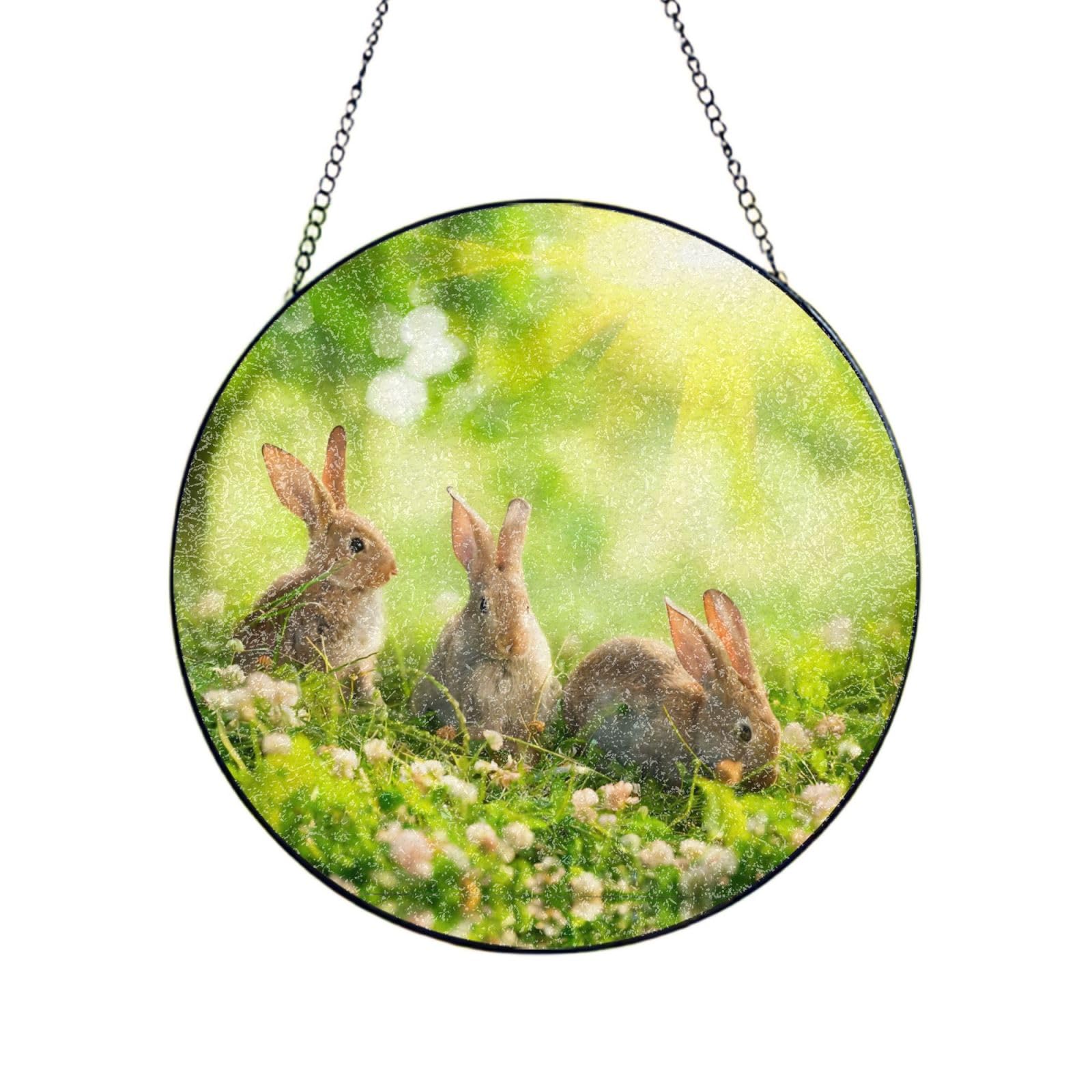Phayah Funny Rabbits Print Glass Window Hanging Round Suncatcher Glass Ornament Garden Wall Fence Decorations Indoor Outdoor 12in（30cm）