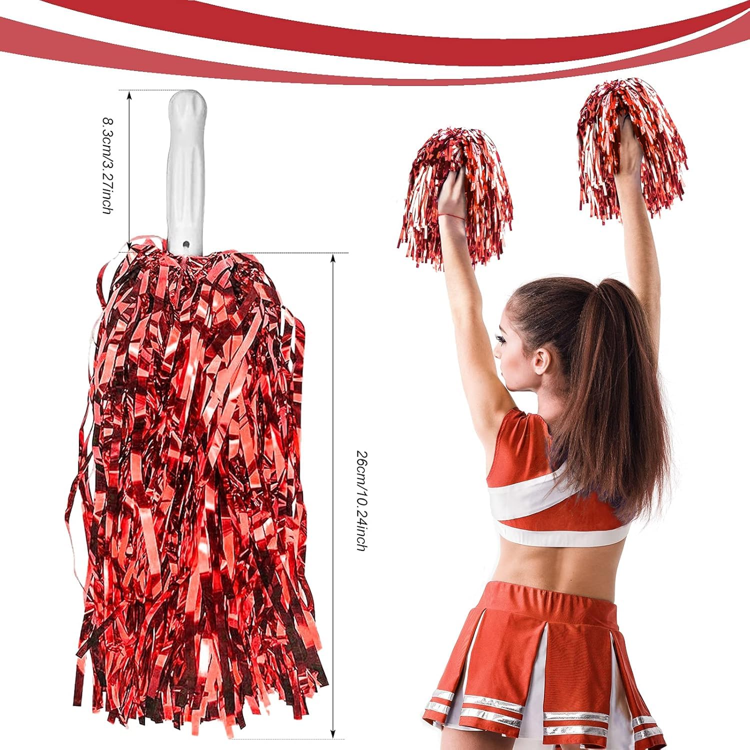 Amit Marketing Cheerleader Pom Poms | Soft Comfortable Handle Reusable | Waterproof | Rooter Shaker Toy | for Cheerleading, Celebrations, Sports Events, Party, Room décor etc I Pack of 2 Pair (Red)