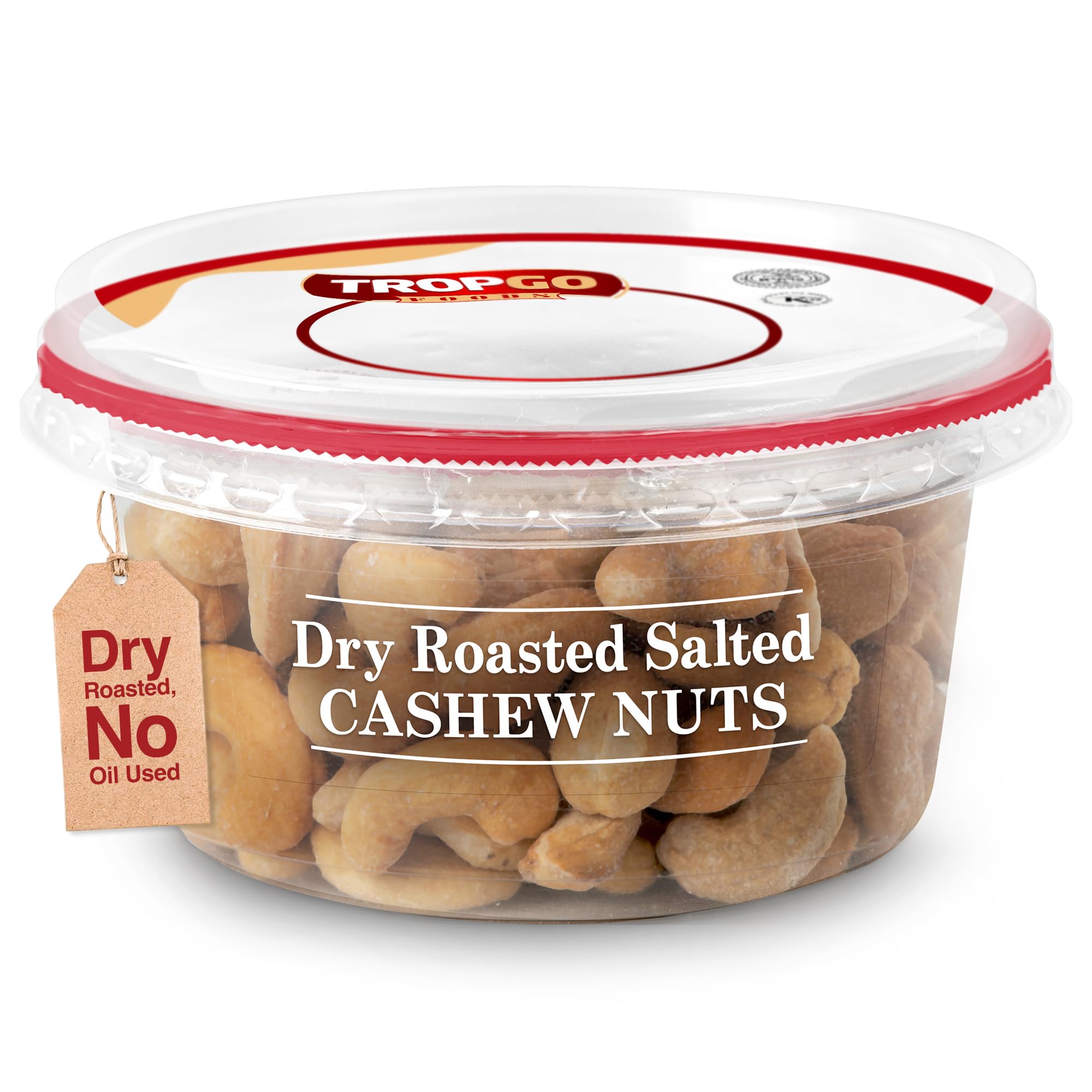 Tropgo Dry Roasted Salted Kosher Cashews 180g - Dry Roasted, No Oil Used, Guilt-Free Peanut Snack in a Resealable Recyclable Tub - Fibre and Protein Rich, Healthy Vegan Snack for All Ages