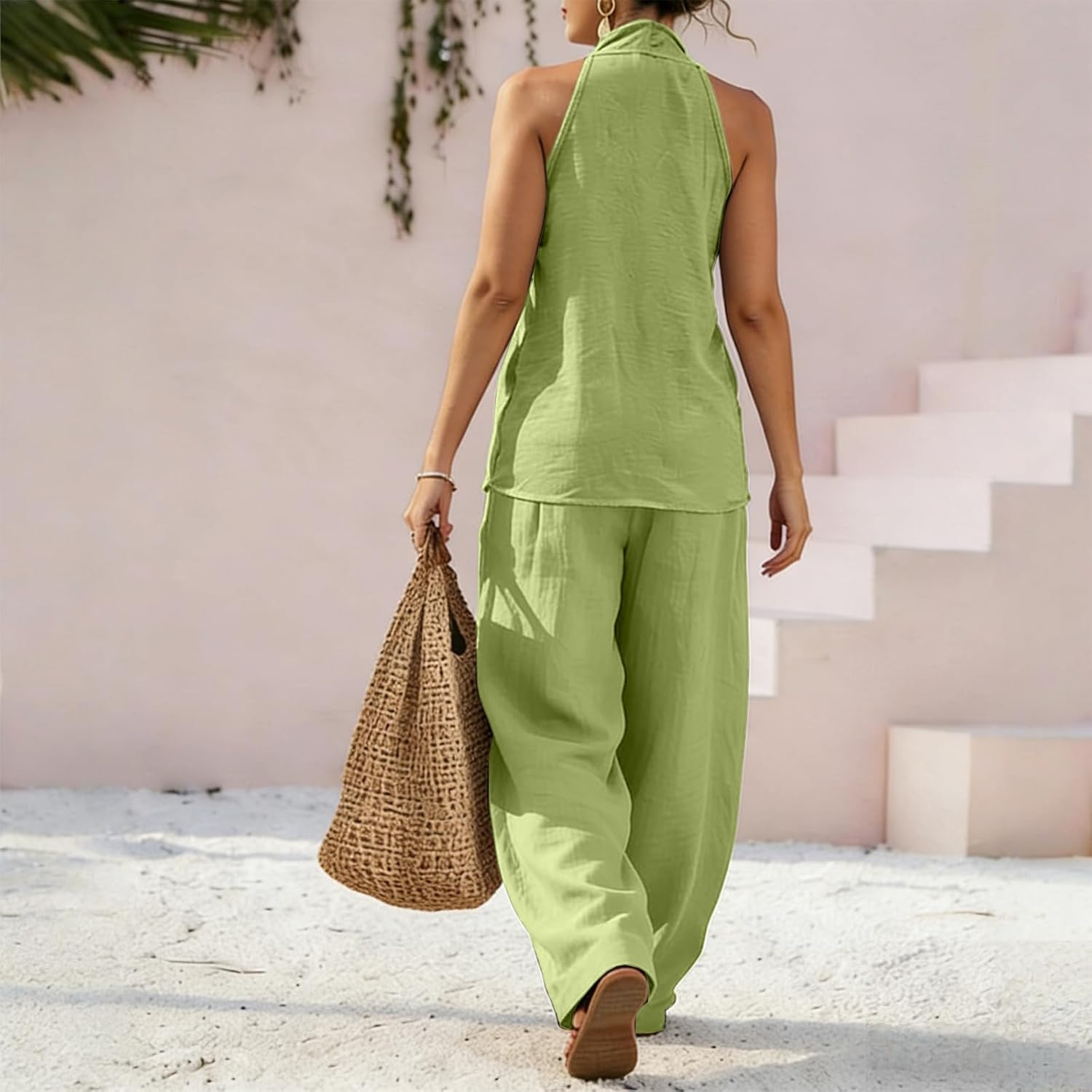 Linen Sets for Women 2 Piece Summer Cotton Lounge Sets Sleeveless V Neck Halter Top Wide Leg Pants Suits Matching Set