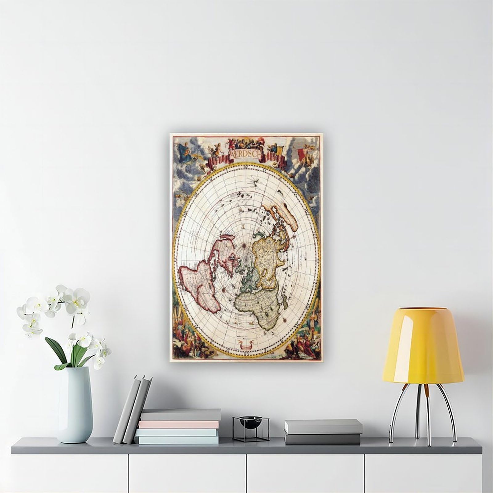 WCYB Flache Erde Weltkarte Vintage – Jacob Harrewyn – Polar-Azimut-Projektionsdrucke, Poster, Leinwand, Dekoration, Gemälde, Wandkunst für Büro, zum Aufhängen, Rahmen, 40,6 cm