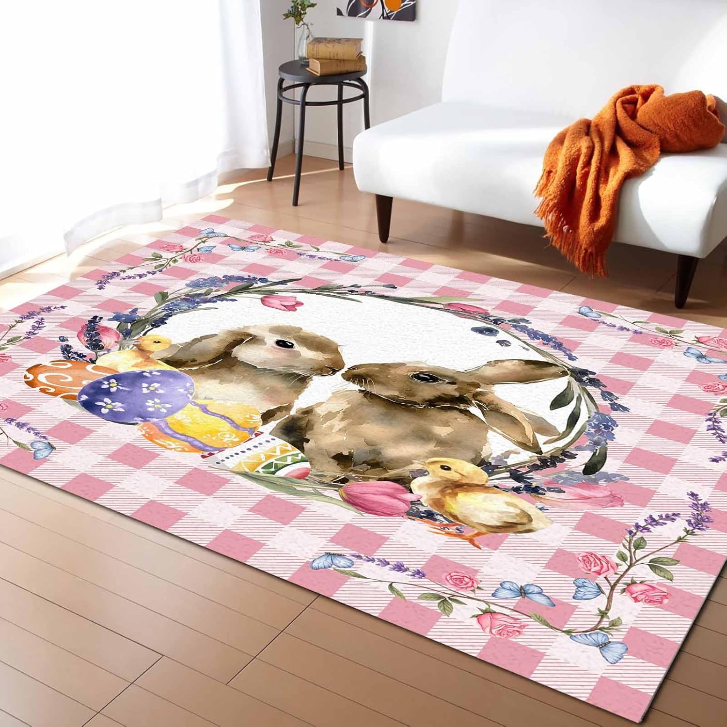 【上品で大人気♪】Keakeeyyer ラグ うさぎ 花 チエック ピンク ラグマット 152×210cm マット丈夫 滑り止め 直角長方形 厚手 部