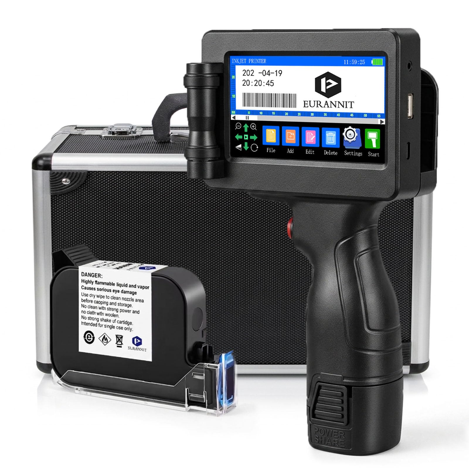 E55 Impresora de inyección de Tinta portátil - Boquilla de 12,7 mm, Tinta rápida W6900K para cartón, Metal, plástico, códigos QR, Logotipos y números de Serie