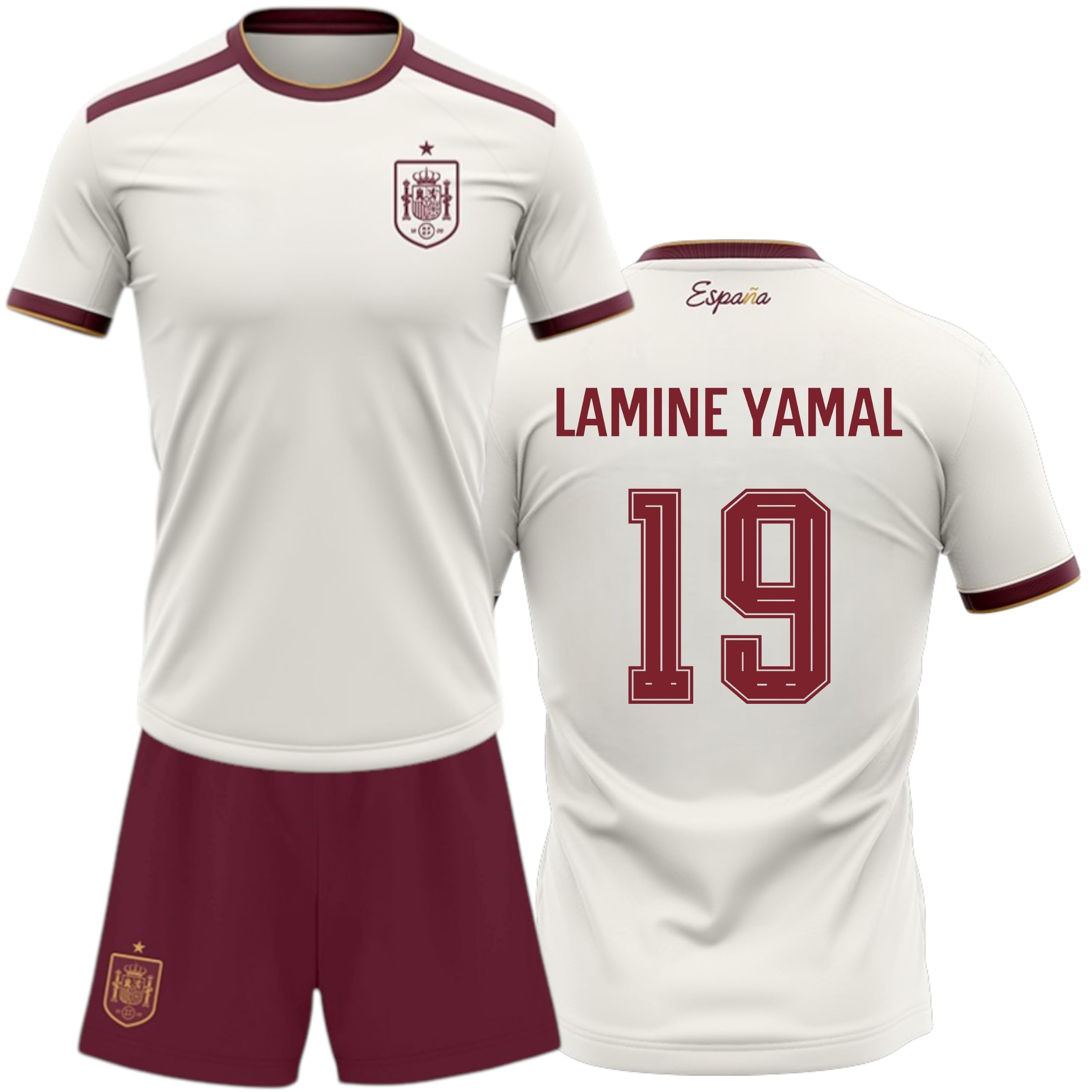 Champion's City Selección Española Kit Mundial 2026-2028 Camiseta y Pantalon Lamine Yamal 19, Color Blanco y Granate, Conjunto Futbol Infantil