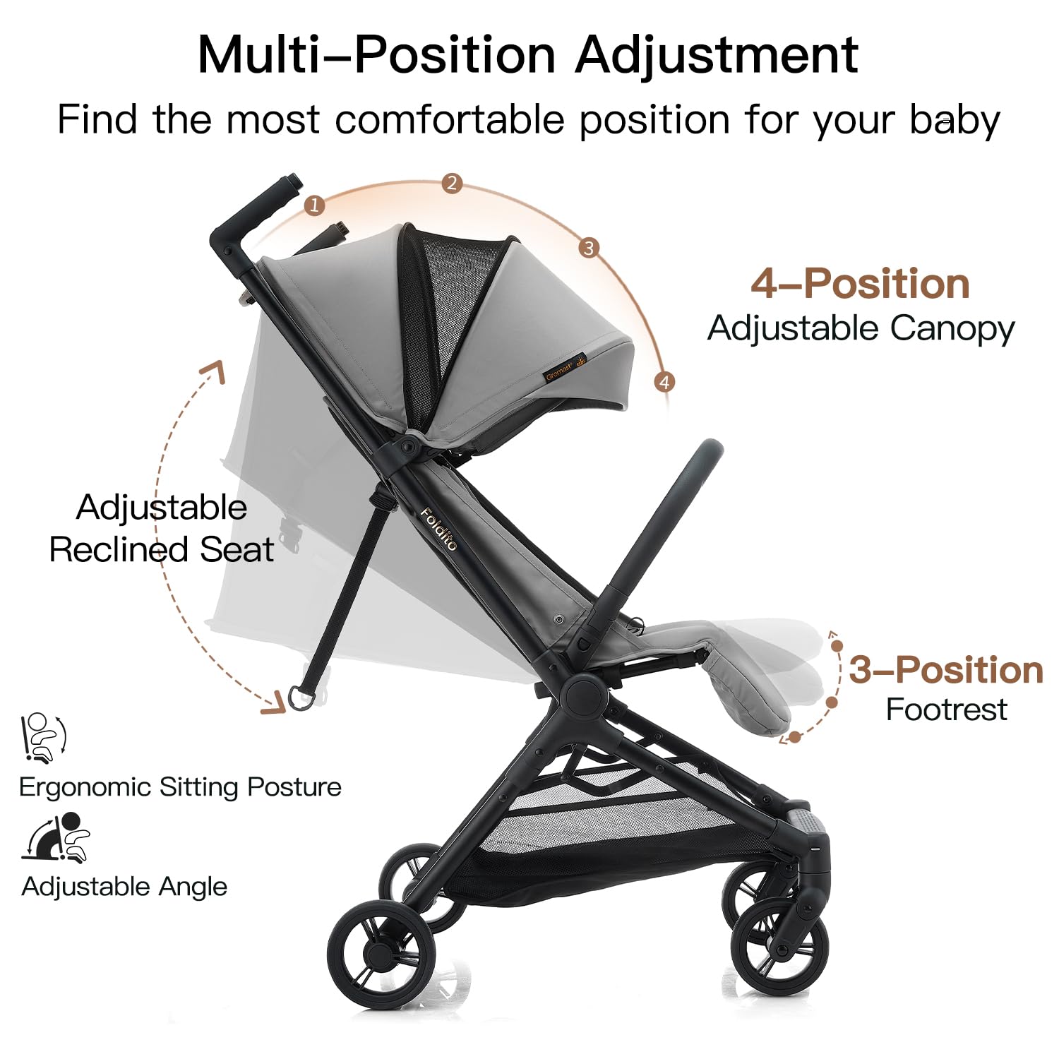 Gromast Passeggino da viaggio per aereo, ultra compatto e leggero, solo 4,5 kg, passeggino portatile per neonati, con tettuccio UPF 50+ e portabicchieri, grigio