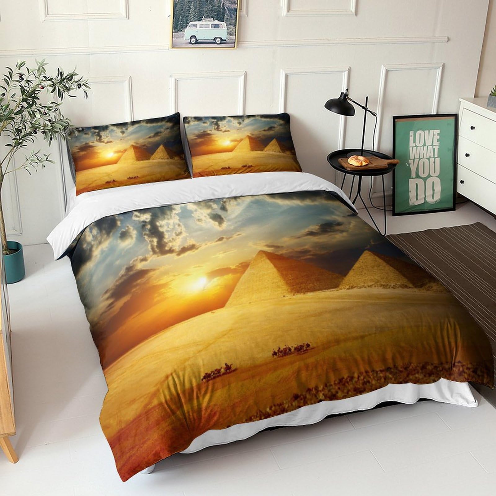 Parure de lit king size dorée impression 3D pyramide haut de gamme