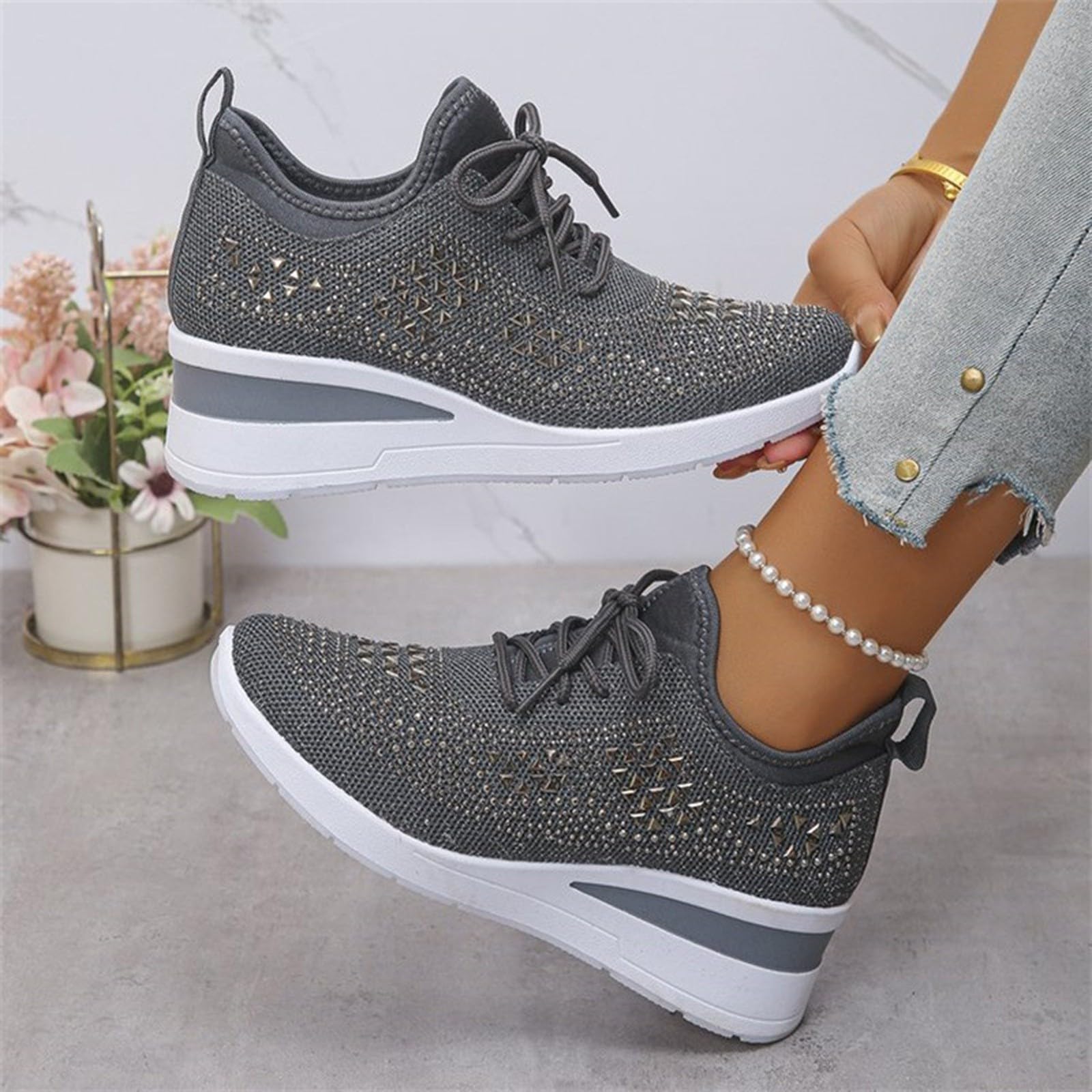 Scarpe da ginnastica da donna con plateau impreziosite con strass e maglia traspirante per abiti casual alla moda