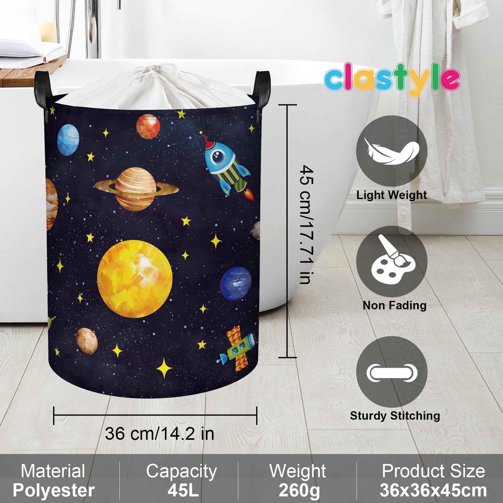 Clastyle Cesto Portabiancheria Spazio Cestino Portaoggetti Cosmico Cesta Biancheria Genitori per Organizzare Giocattoli Vestiti, Pianeta, 36x45 cm