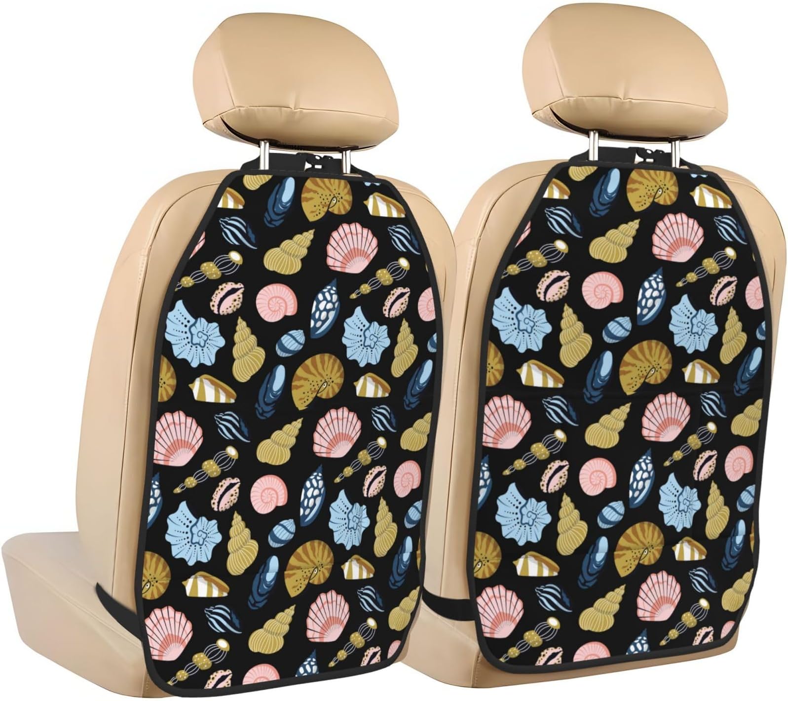 Pink Gold Blue Shell Conch Kick Mats Back Seat Protector 2 Pack, X-Large Waterproof Premium Oxford Fabric Kick Mats Protect from Dirt, Mud, Car Back Seat Cover Protector with 3 Organizers