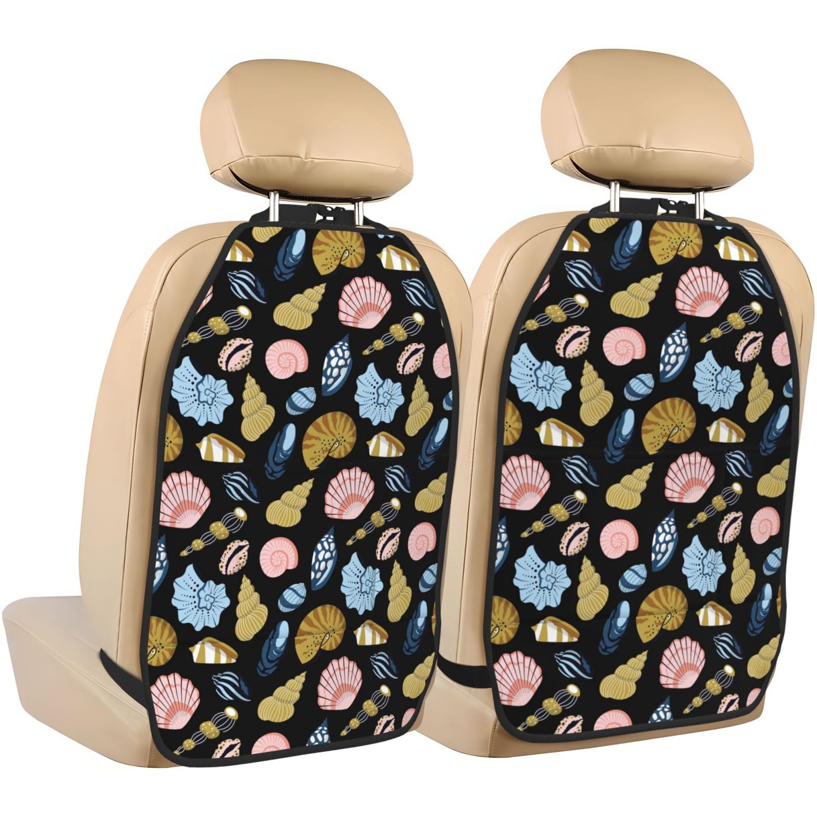 Pink Gold Blue Shell Conch Kick Mats Back Seat Protector 2 Pack, X-Large Waterproof Premium Oxford Fabric Kick Mats Protect from Dirt, Mud, Car Back Seat Cover Protector with 3 Organizers