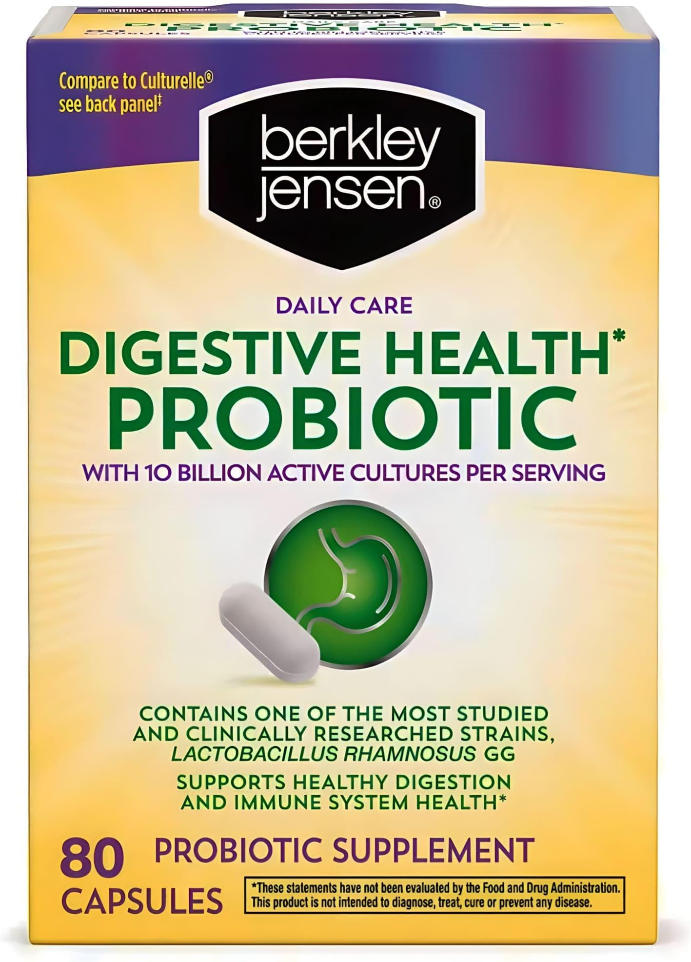 berkley jensen Daily Care Digestive Health Probiotics for Women & Men - Advanced Formula with Lactobacillus Rhamnosus GG & Lactobacillus Acidophilus - for Immune Support & Gut Health - 80 Capsules