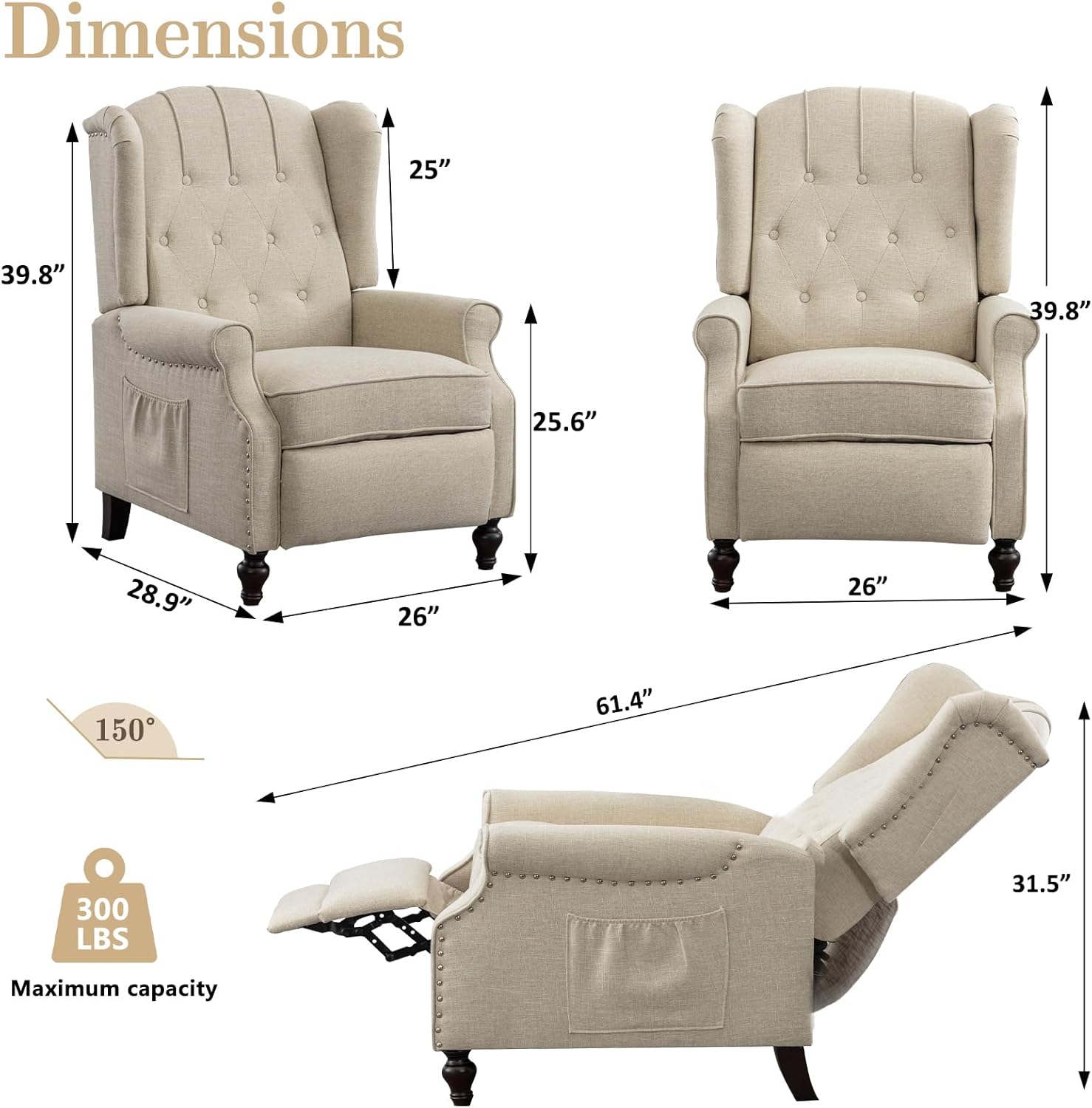 Pushback Small Recliner Chair Set of 2, Linen Elizabeth Tufted Armchair Accent Chair with Massage &Heat, Mid Century Modern Wingback Single Sofa Chair for Living Room, Small Space(Beige, 2PC)