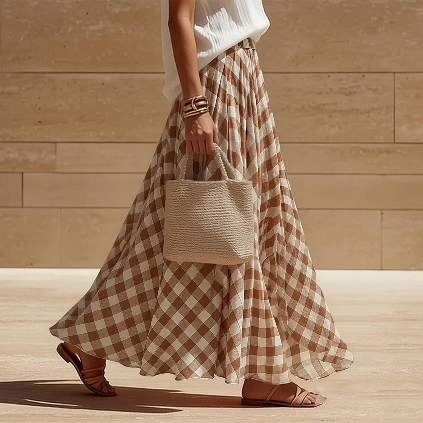 Gonne lunghe da donna a quadri a vita alta eleganti gonne a pieghe fluide