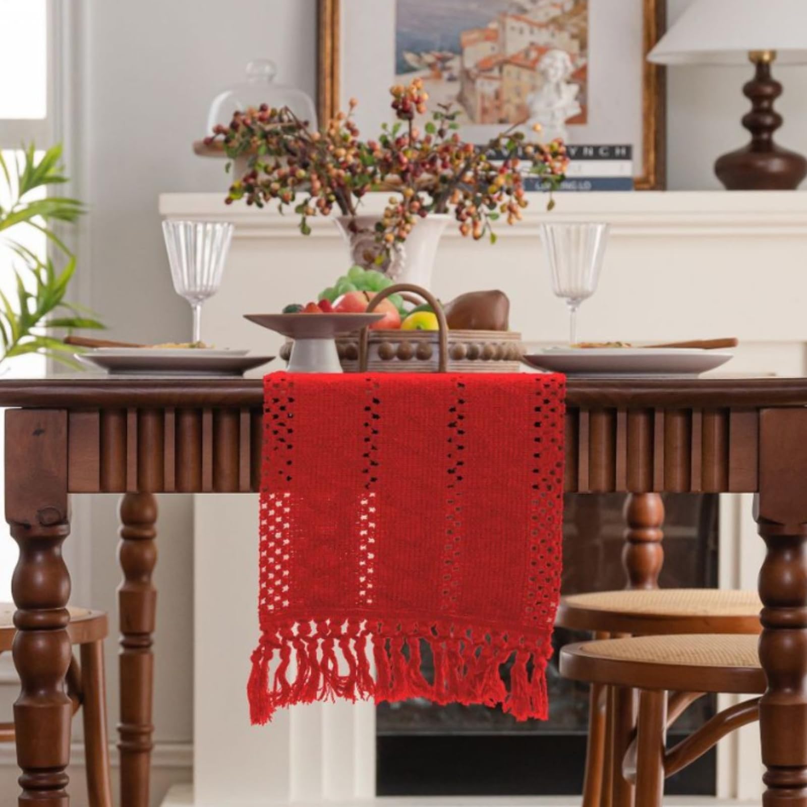 Tischläufer Modern Polybaumwolle, Tischläufer Wohnzimmer 33x300 cm, Uni Rote Häkel mit Quasten