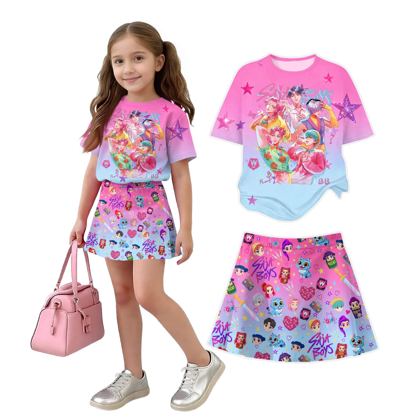 K Pop Short Sleeve T-Shirt and Skirts Outfits Set for Girls Hunters Girl's Anime Graphic Tees De-Mon Summer Sets — view 42